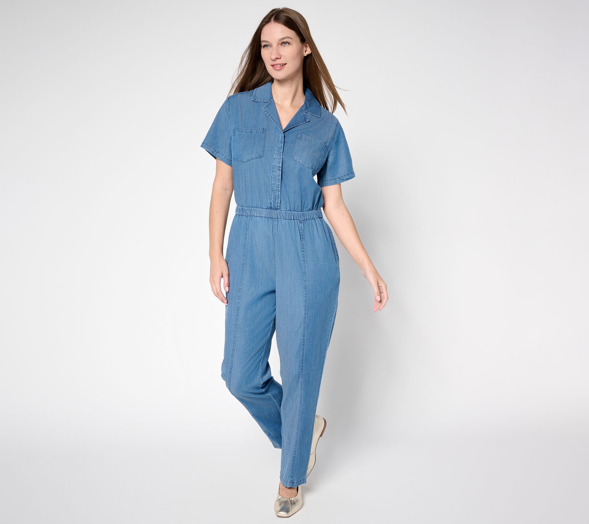 Joan Rivers Petite Tencel Collared Ankle Length Jumpsuit