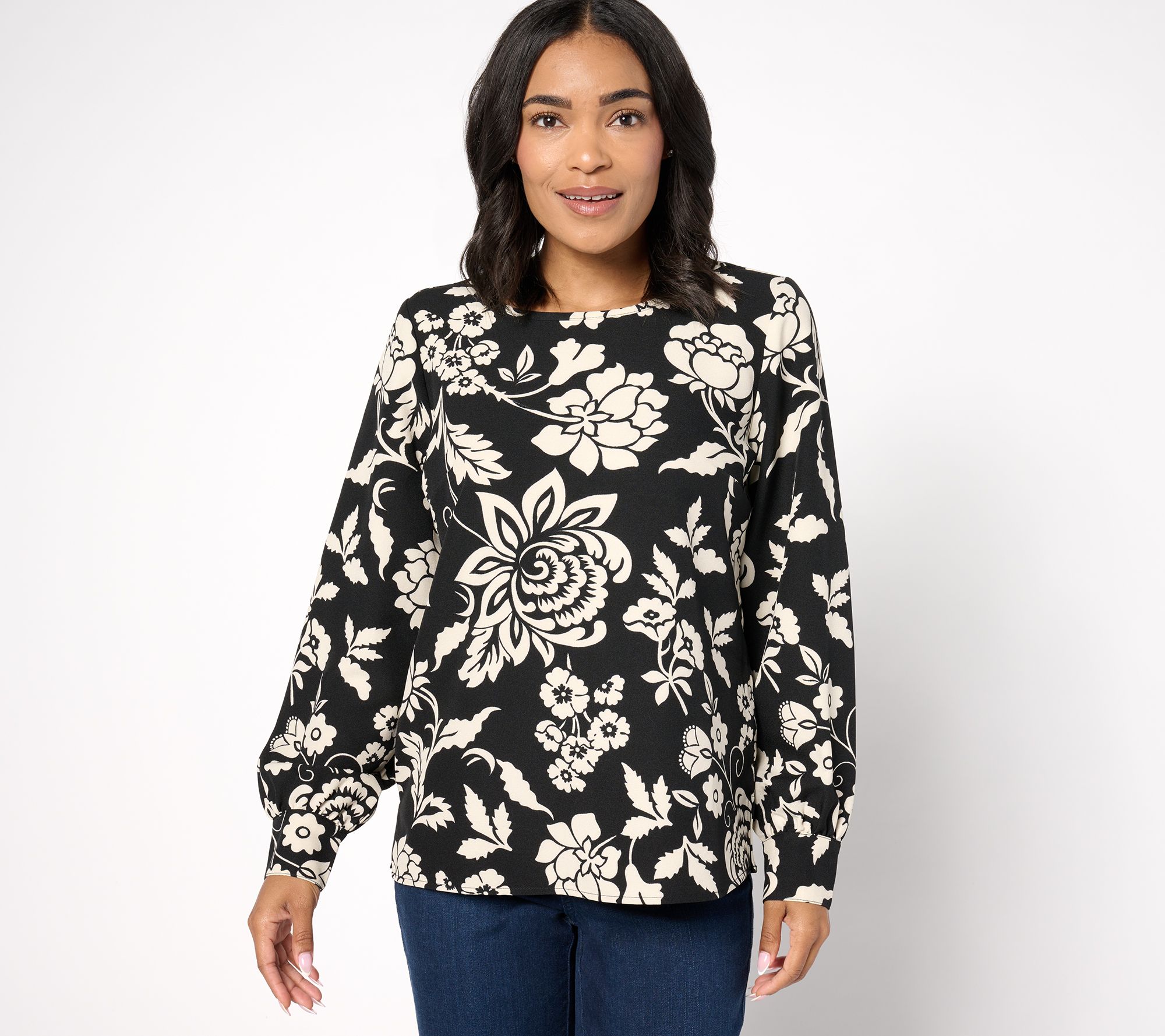 "As Is" Denim & Co. Signature Scoop Neck Blouson Sleeve Printed Top