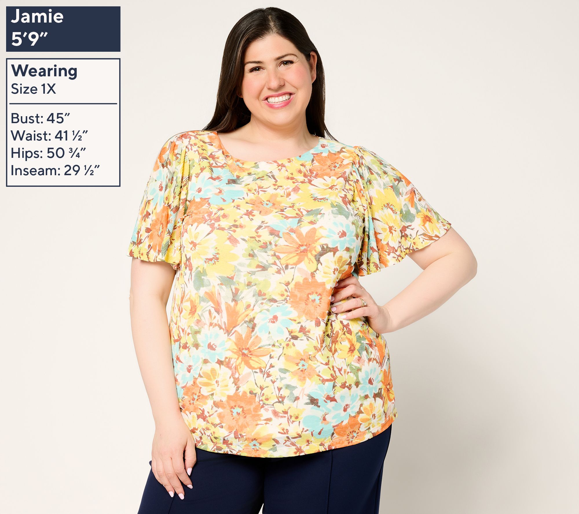 【GRAVER】NEW DRAWING 半袖T 3COLOR Susan Graver Printed Textured Knit Flutter Sleeve Top - QVC.com