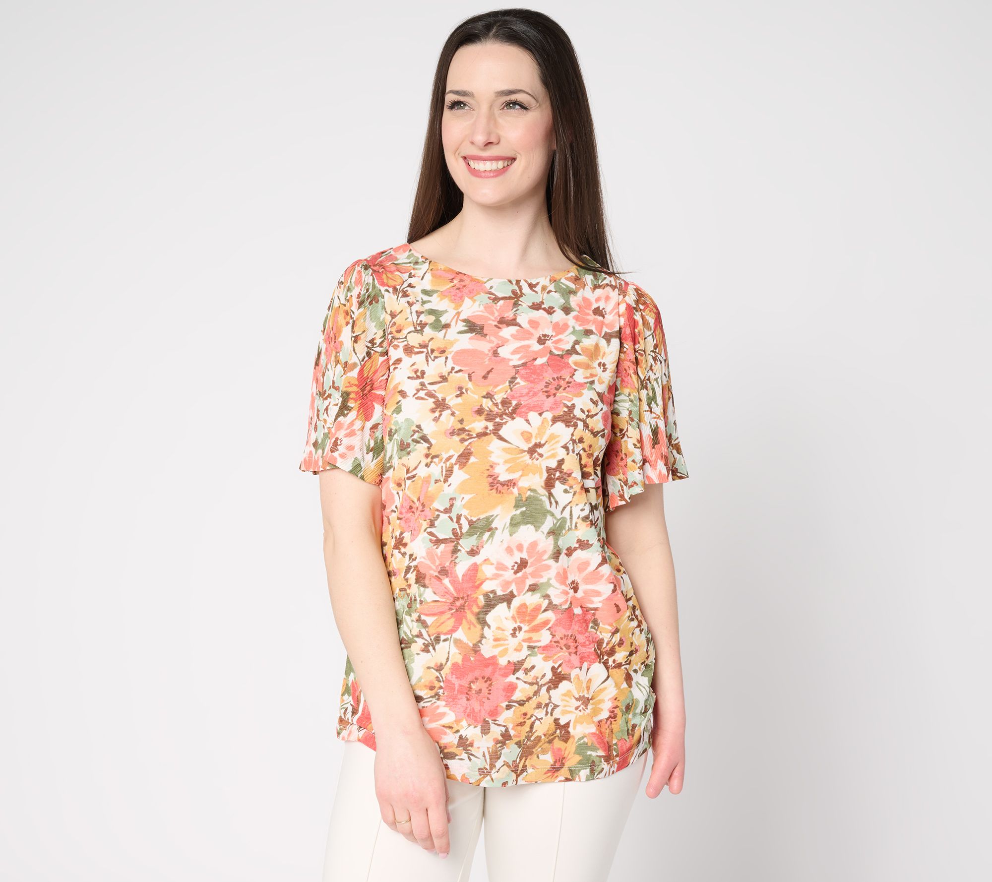 Susan Graver Printed Textured Knit Flutter Sleeve Top
