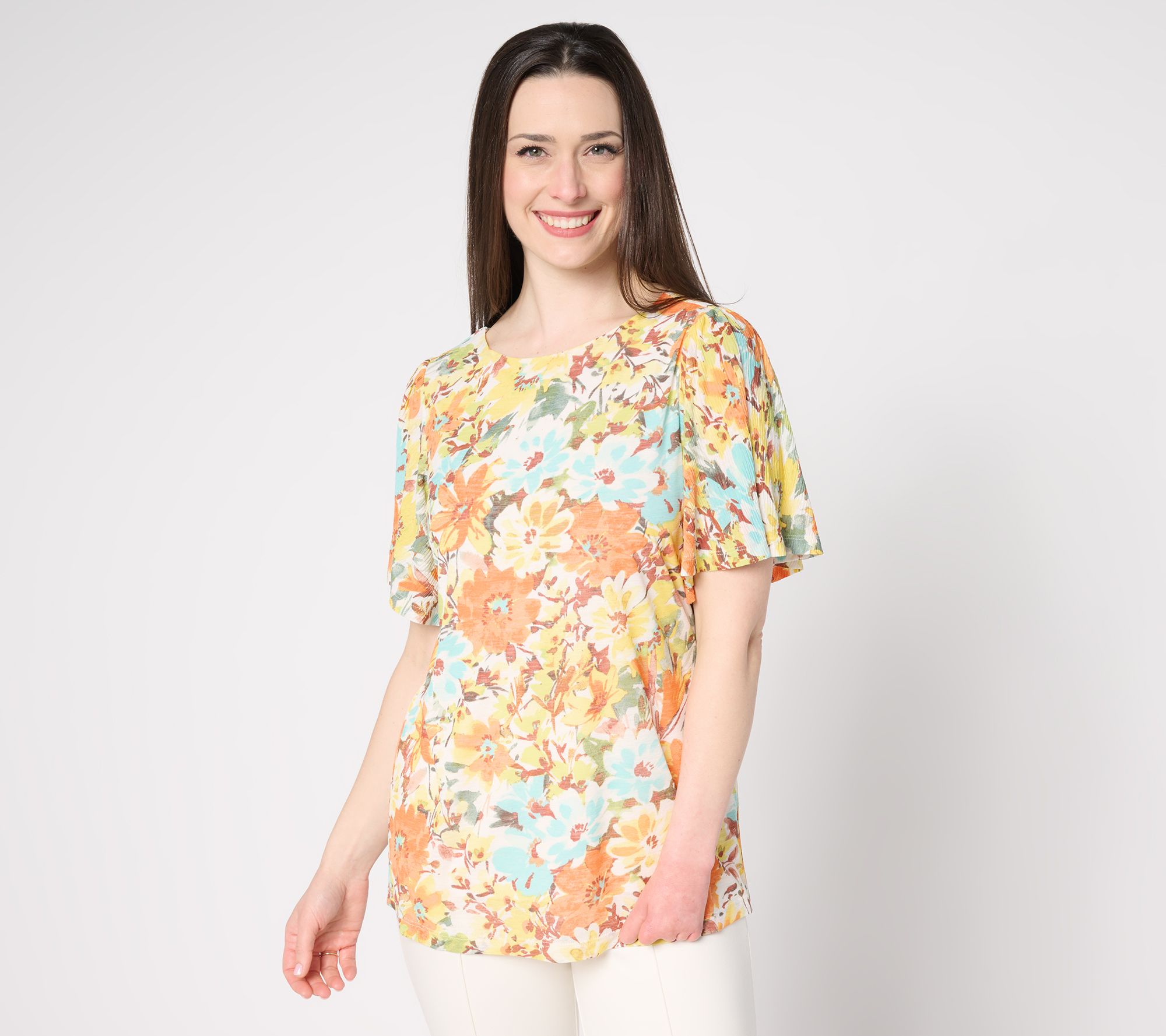 Susan Graver Printed Textured Knit Flutter Sleeve Top