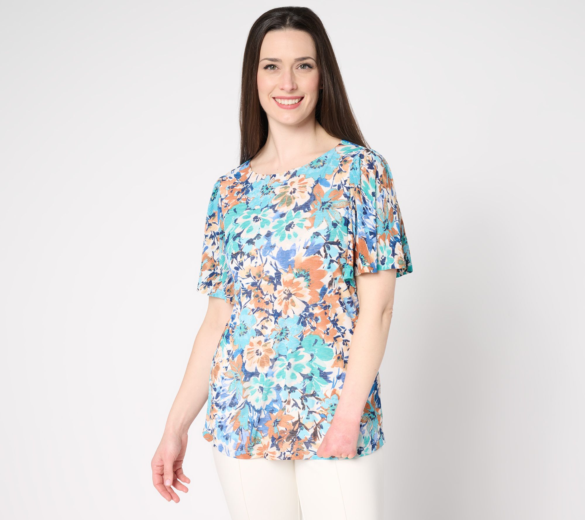 Susan Graver Printed Textured Knit Flutter Sleeve Top