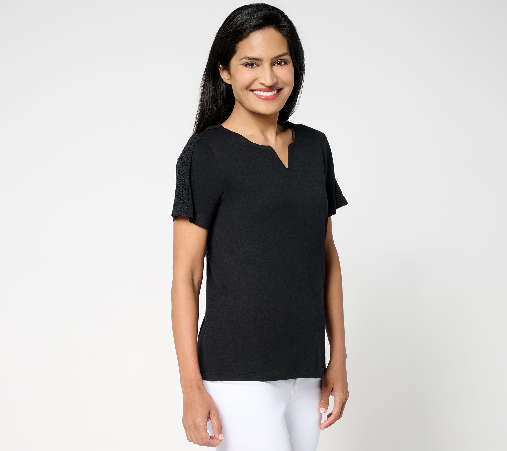 BEAUTIFUL by Lawrence Zarian Short Sleeve Knit Top with Lace Detail
