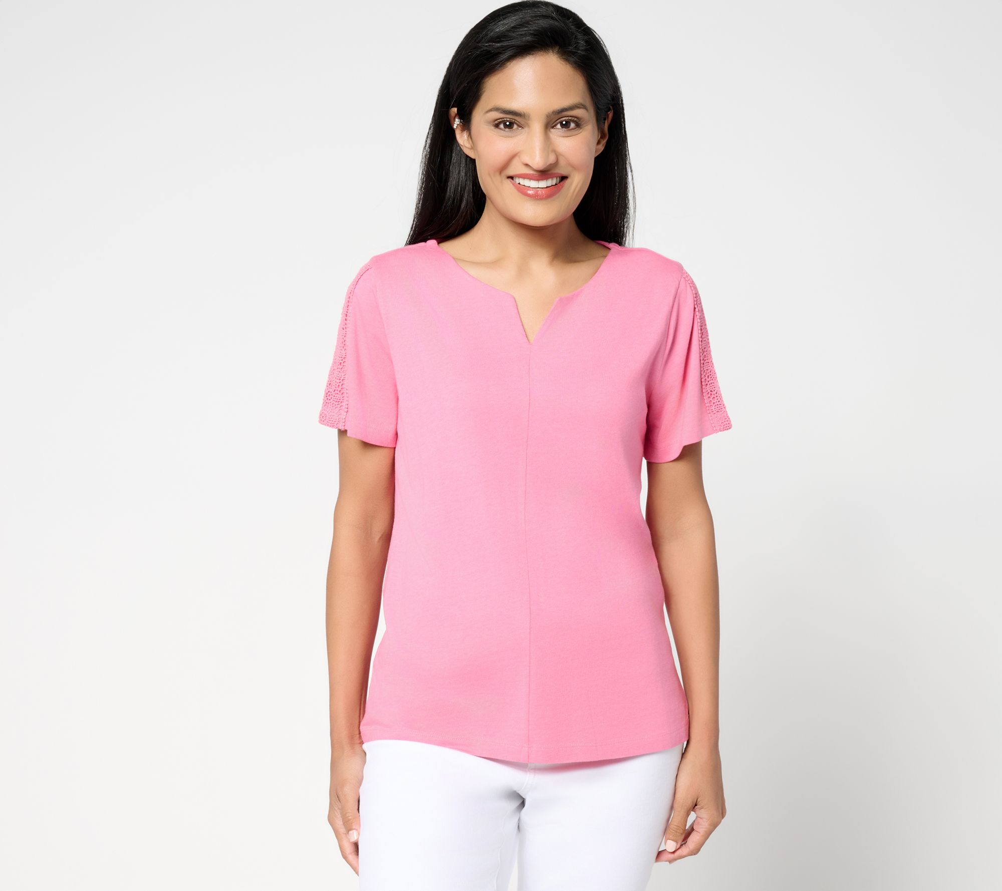 BEAUTIFUL by Lawrence Zarian Short Sleeve Knit Top with Lace Detail