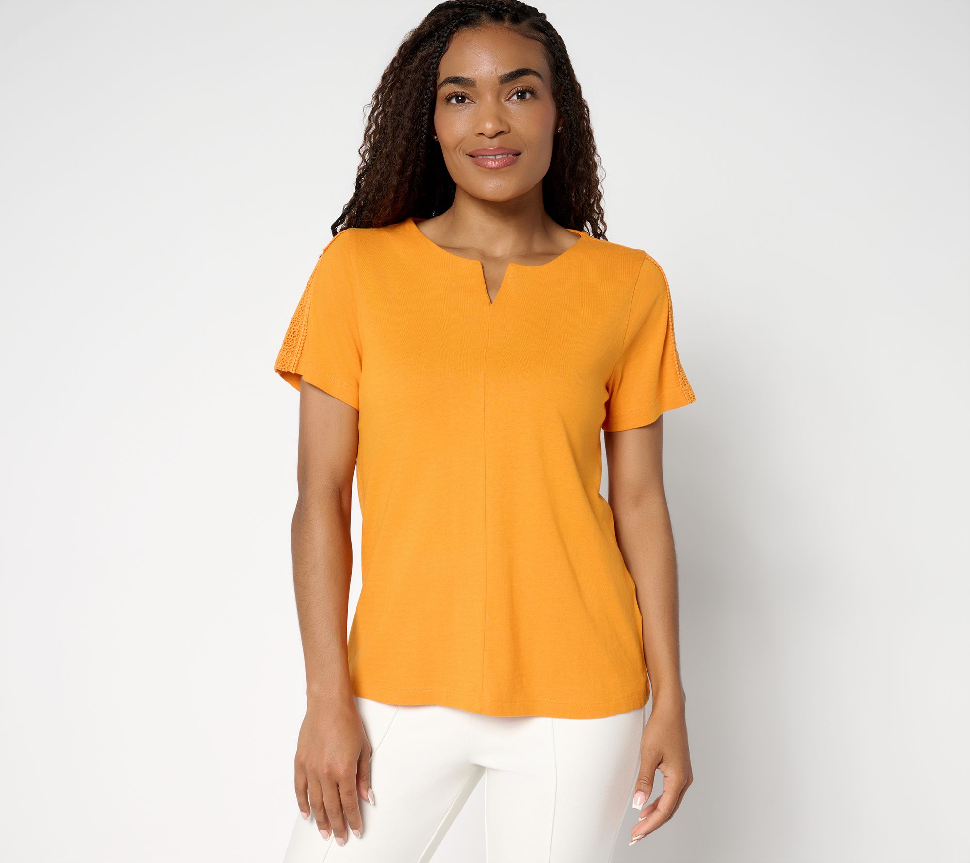 BEAUTIFUL by Lawrence Zarian Short Sleeve Knit Top with Lace Detail