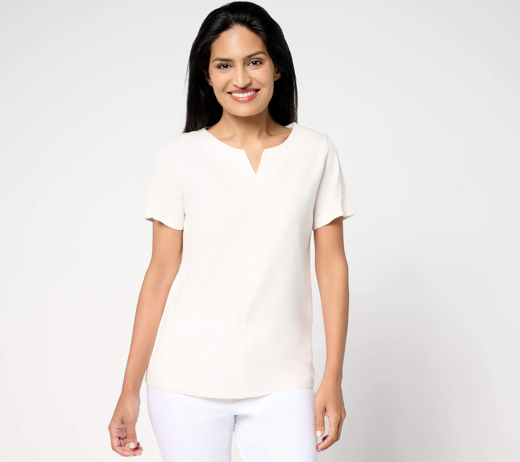 BEAUTIFUL by Lawrence Zarian Short Sleeve Knit Top with Lace Detail