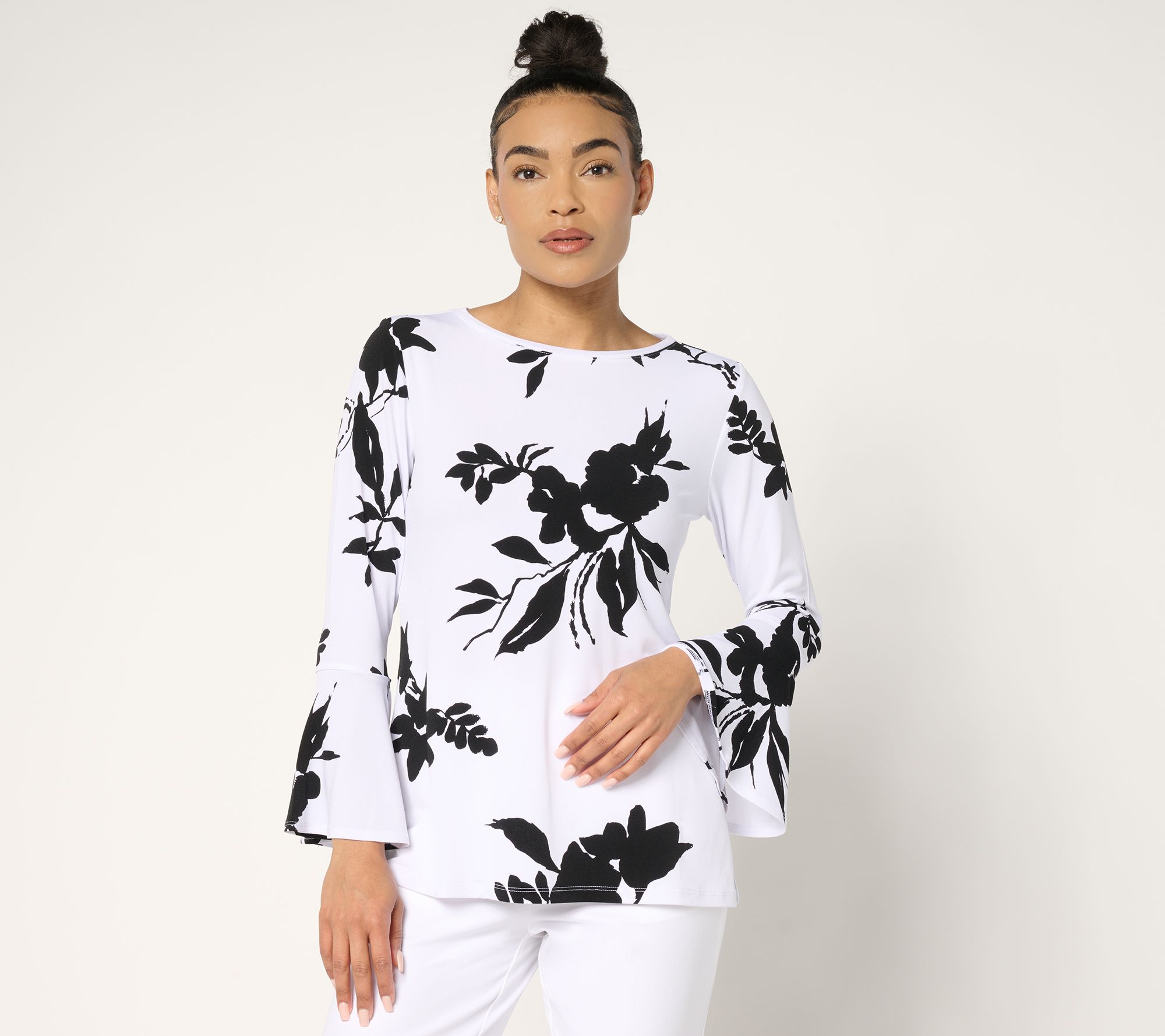 Dennis Basso Printed Caviar Crepe Top with Bell Sleeve