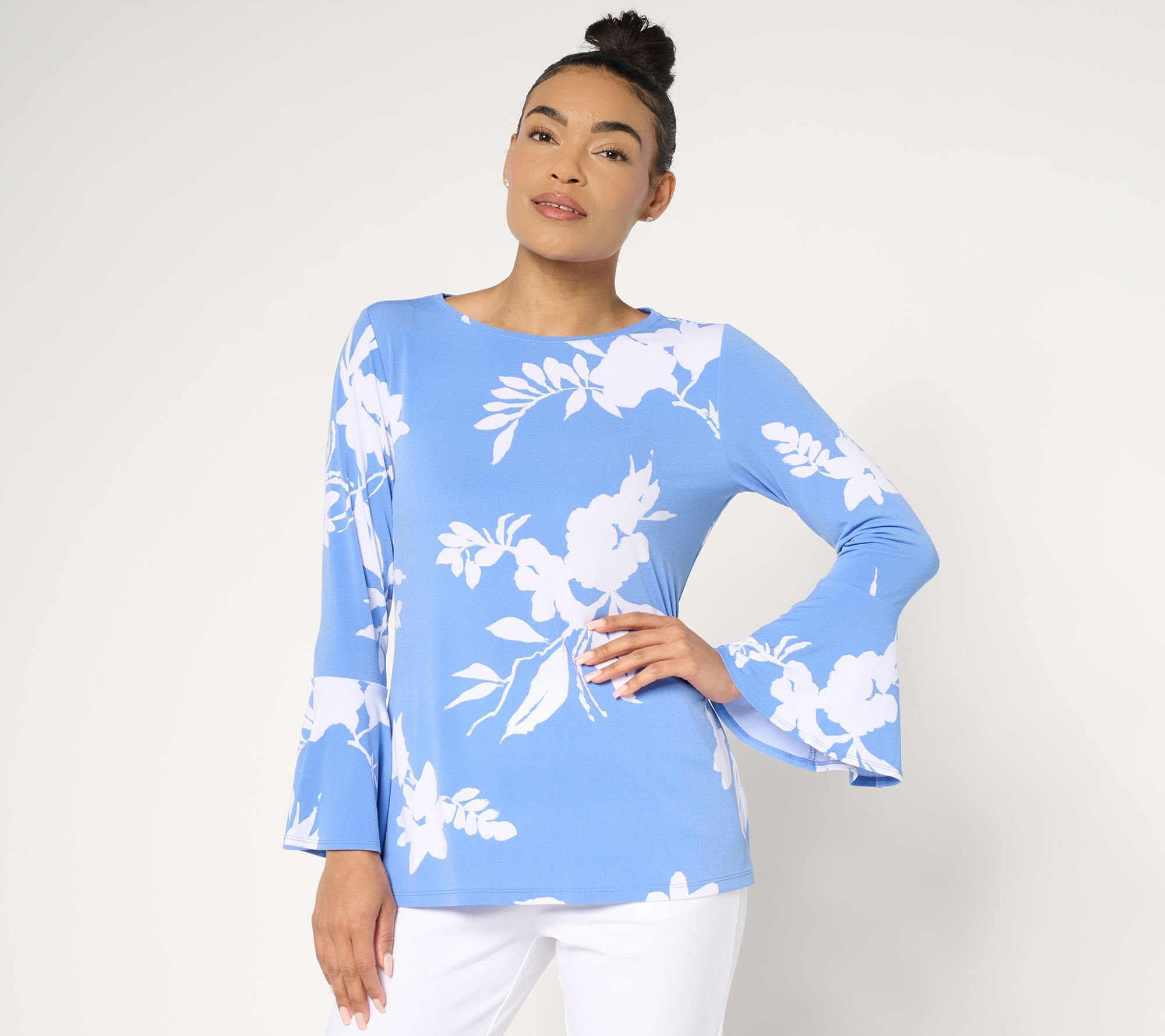 Dennis Basso Printed Caviar Crepe Top with Bell Sleeve
