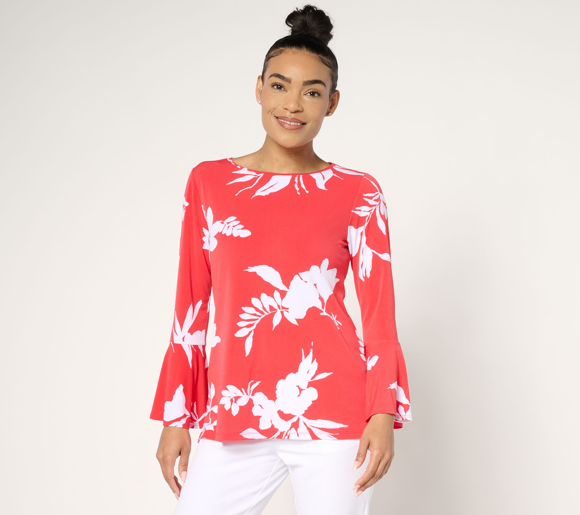 Dennis Basso Printed Caviar Crepe Top with Bell Sleeve