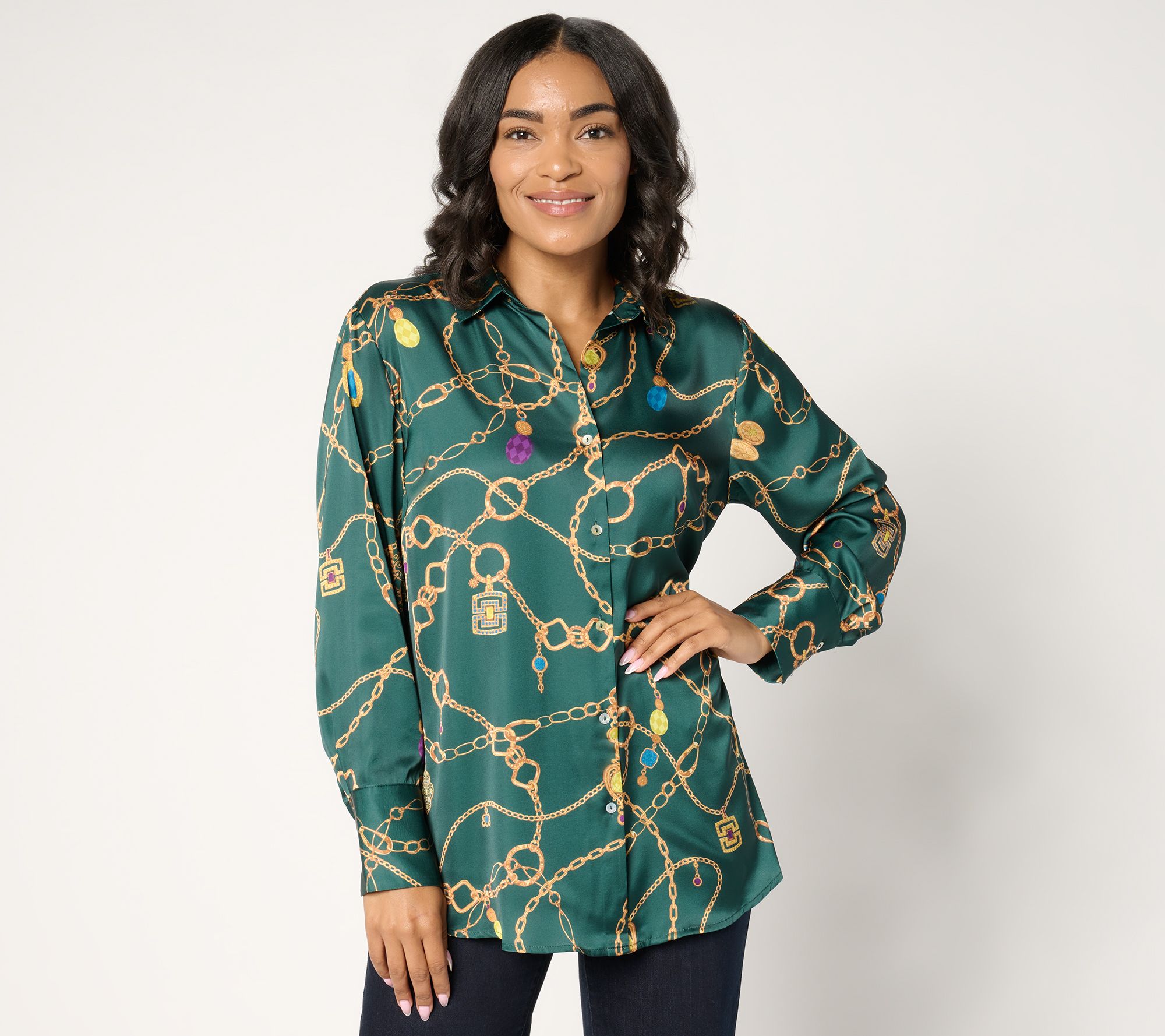 "As Is" Susan Graver Regular Printed Charmeuse Button Tunic