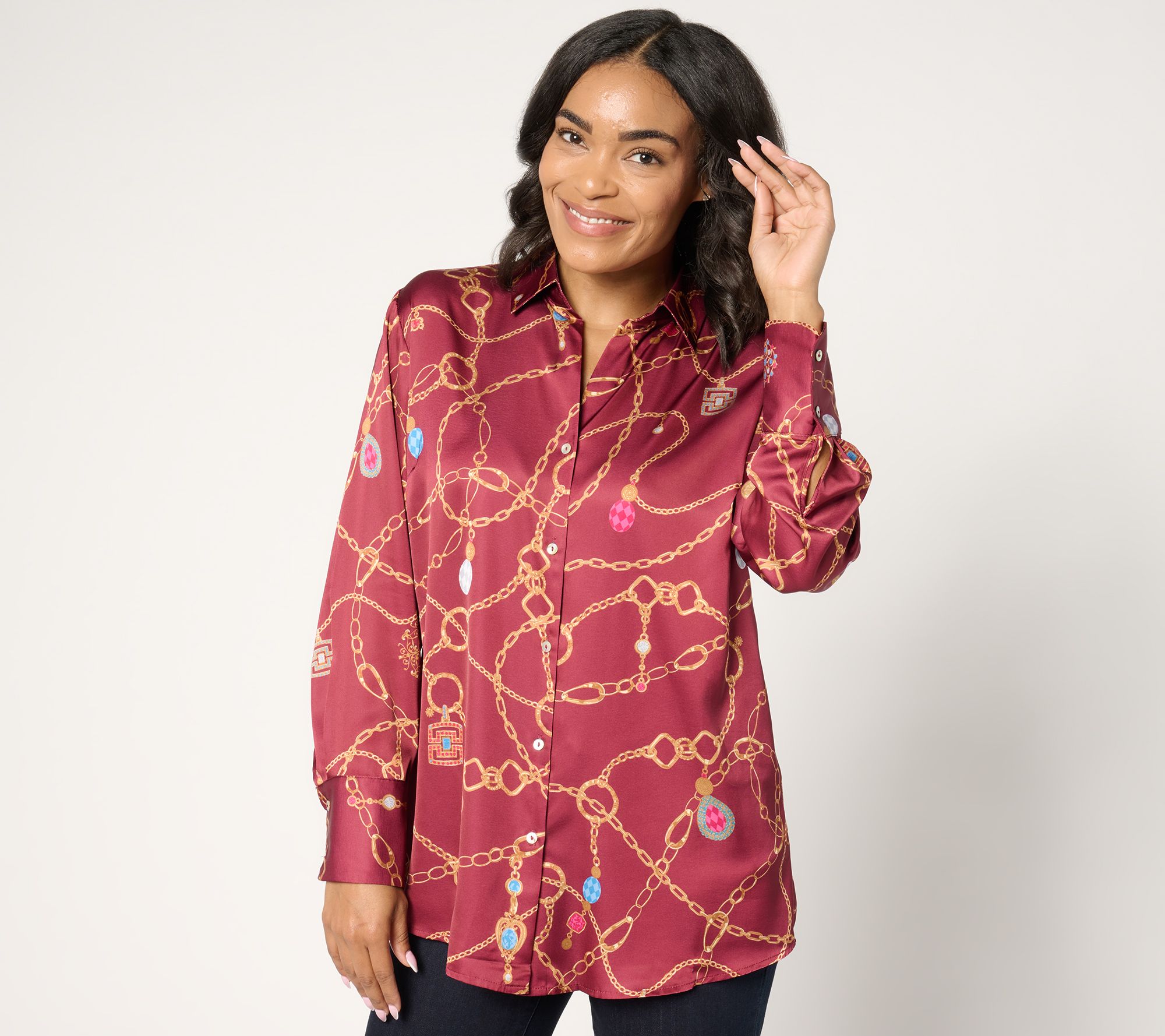 "As Is" Susan Graver Regular Printed Charmeuse Button Tunic