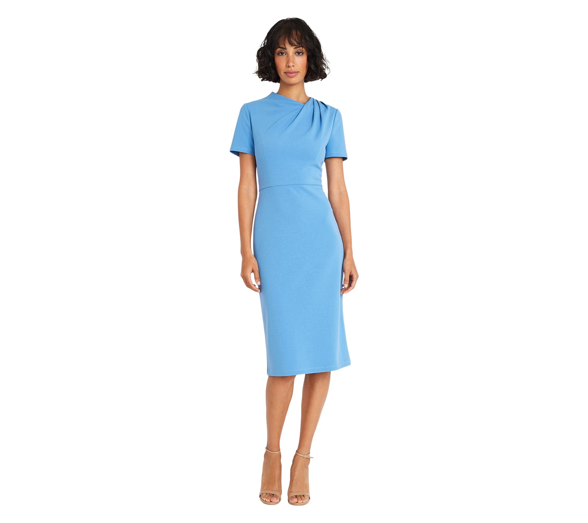 Maggy London Pleated Neckline Short Sleeve MidiDress