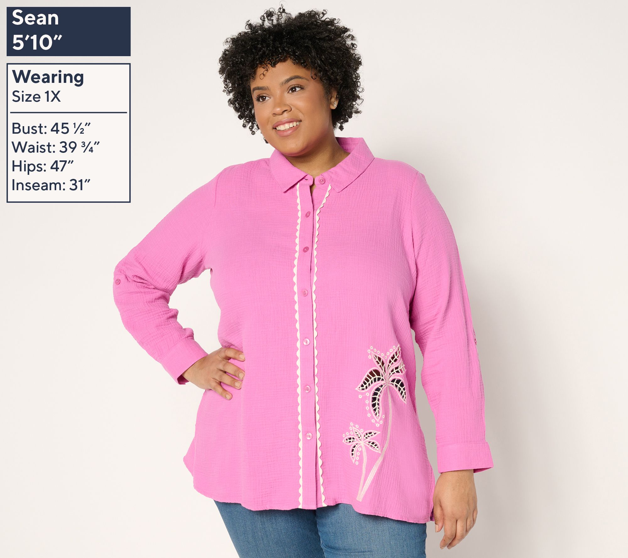 Susan Graver Soleil Gauze Button Front Top with Embroidery