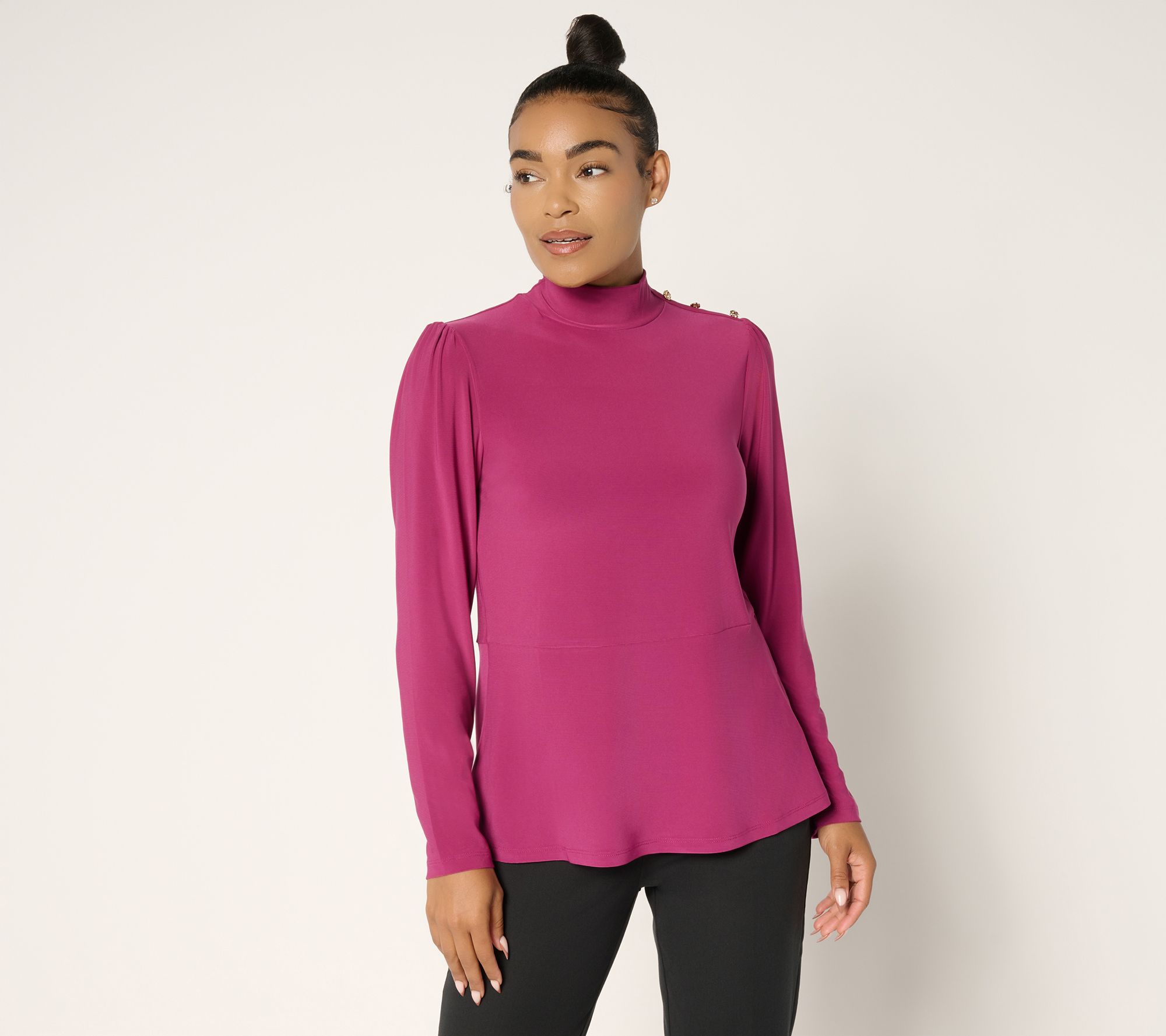 Dennis Basso Petite Italia Knit Mock Neck Soft Peplum Top