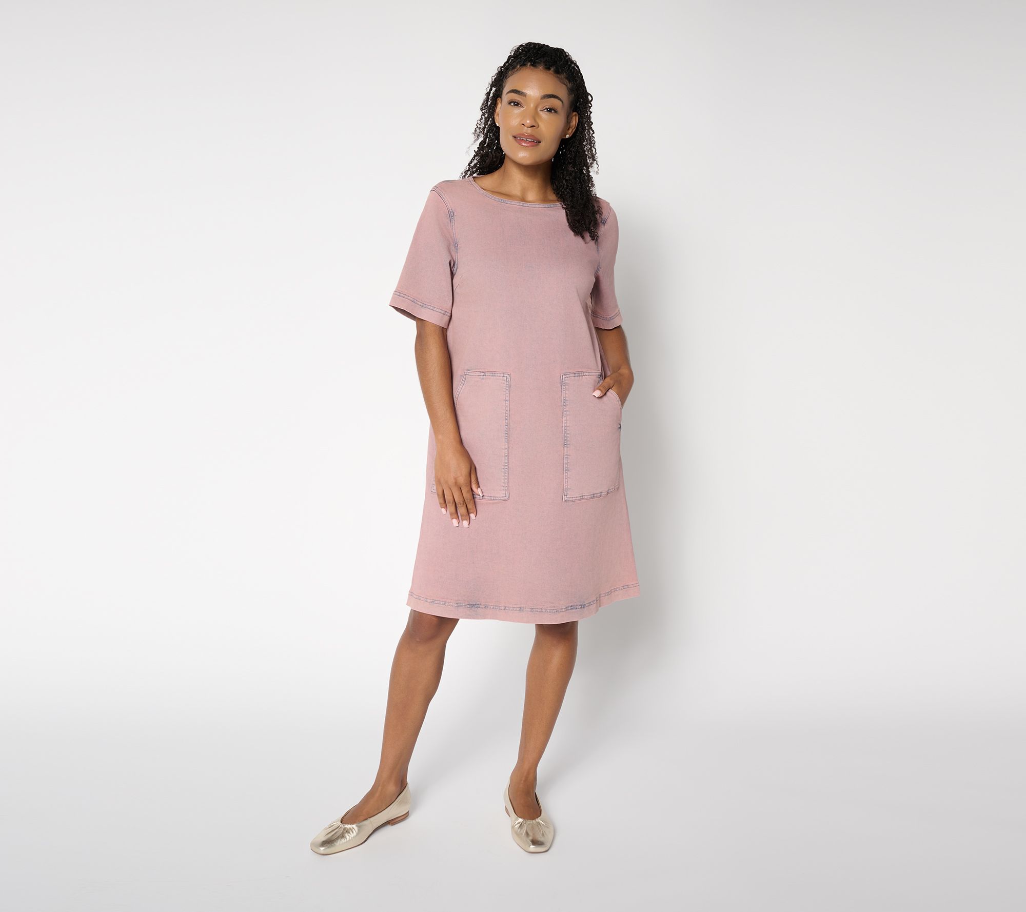 LOGO by Lori Goldstein Petite Elbow Sleeve Denim Swing Dress