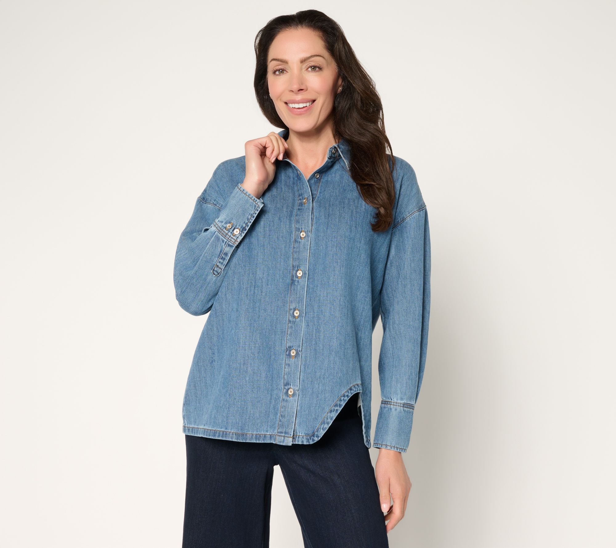Peace Love World Denim Button Front Shirt with Curved Hem