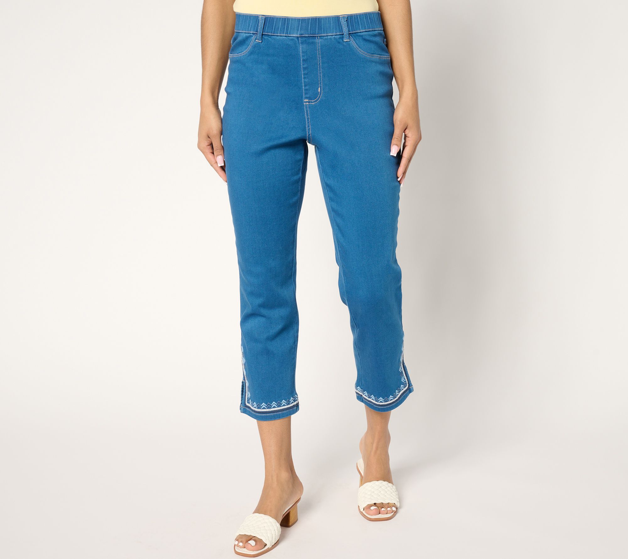 "As Is" Susan Graver Regular Soft Stretch Embroidered Hem Crop Jeans