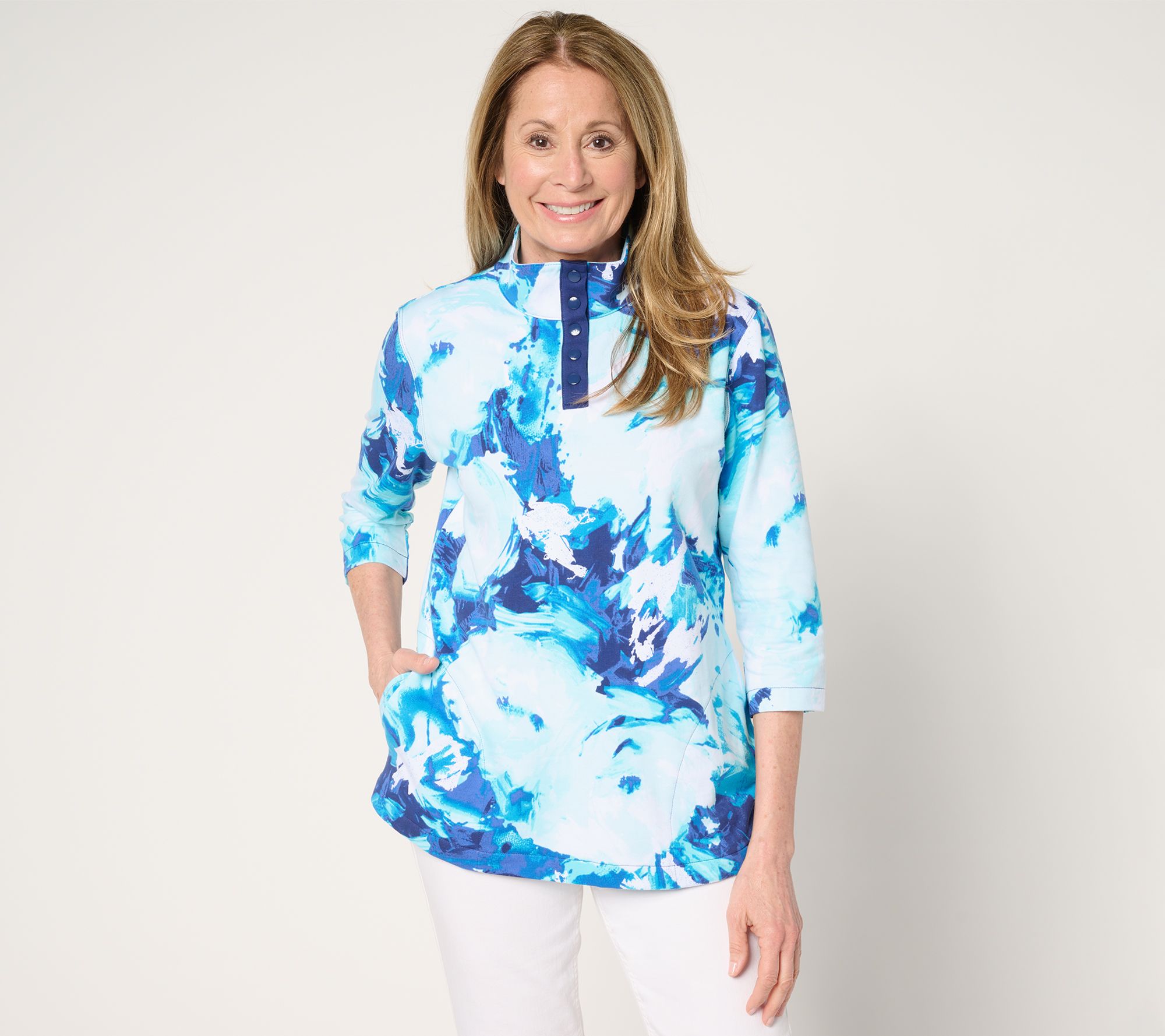 "As Is" Sport Savvy Printed French Terry 3/4 Sleeve Snap Front Pullover