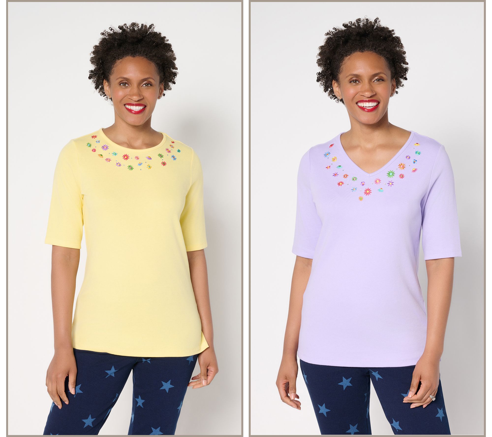 "As Is" Quacker Factory Tiny Daisies Set of 2 Elbow Sleeve Tops