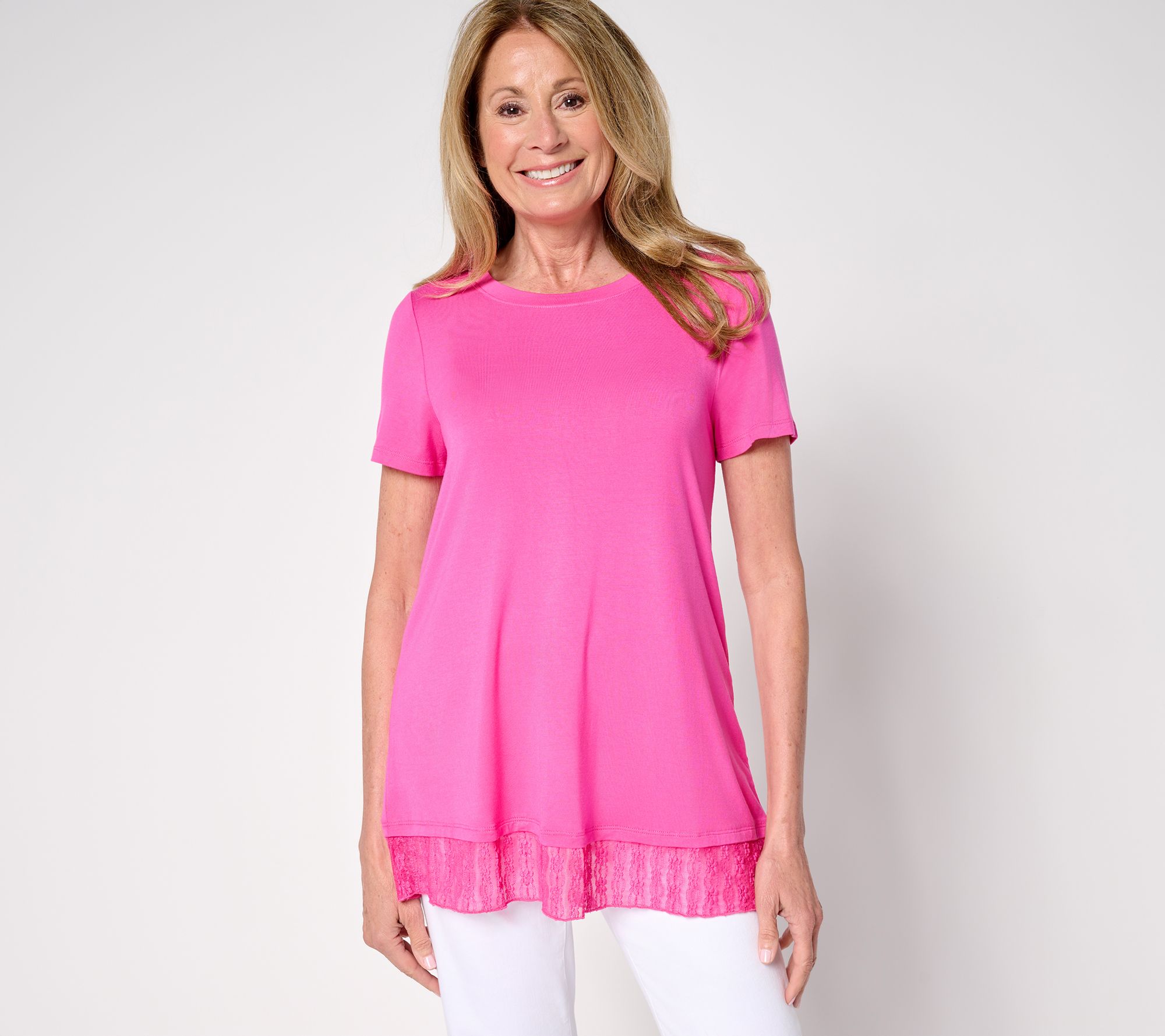 "As Is" LOGO Layers by Lori Goldstein Knit Short Sleeve Top w/ Lace Hem