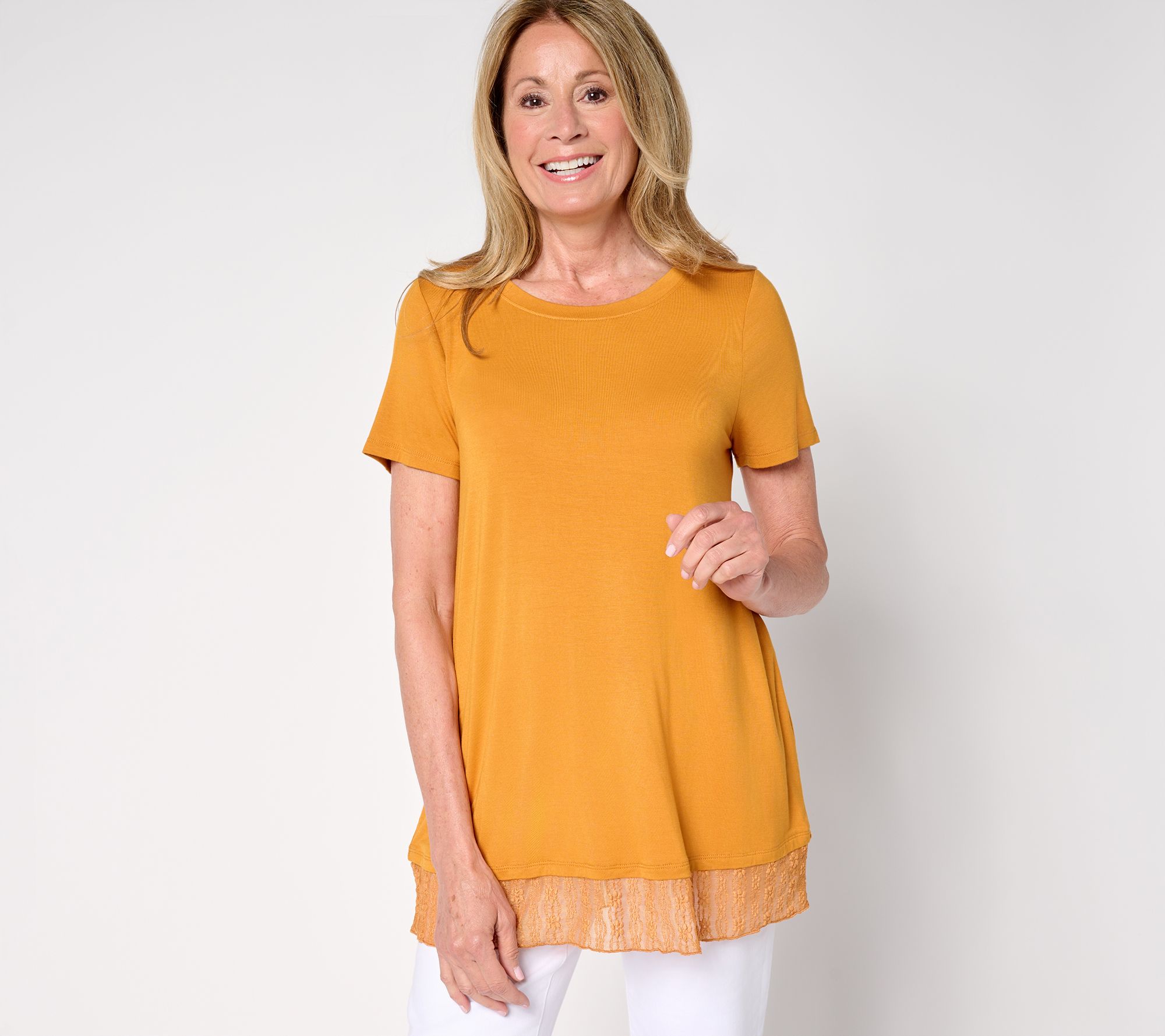 "As Is" LOGO Layers by Lori Goldstein Knit Short Sleeve Top w/ Lace Hem