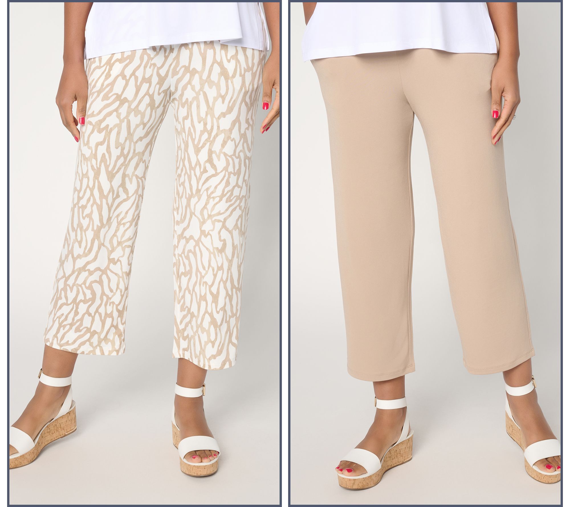 Susan Graver Petite Liquid Knit Set of 2 Print & Solid Crop Pants