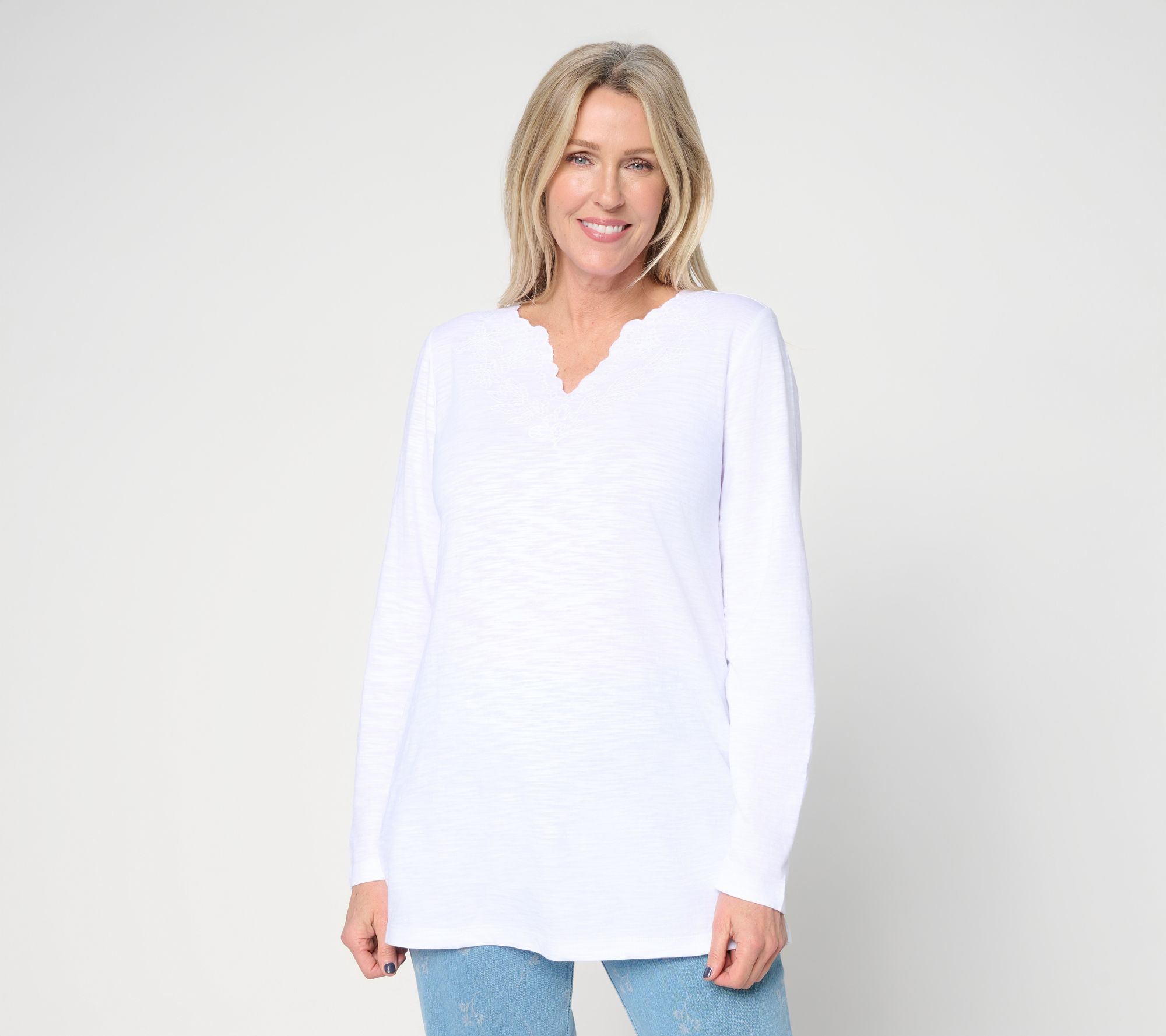 Denim & Co. Regular Textured Cotton Embroidered Tunic