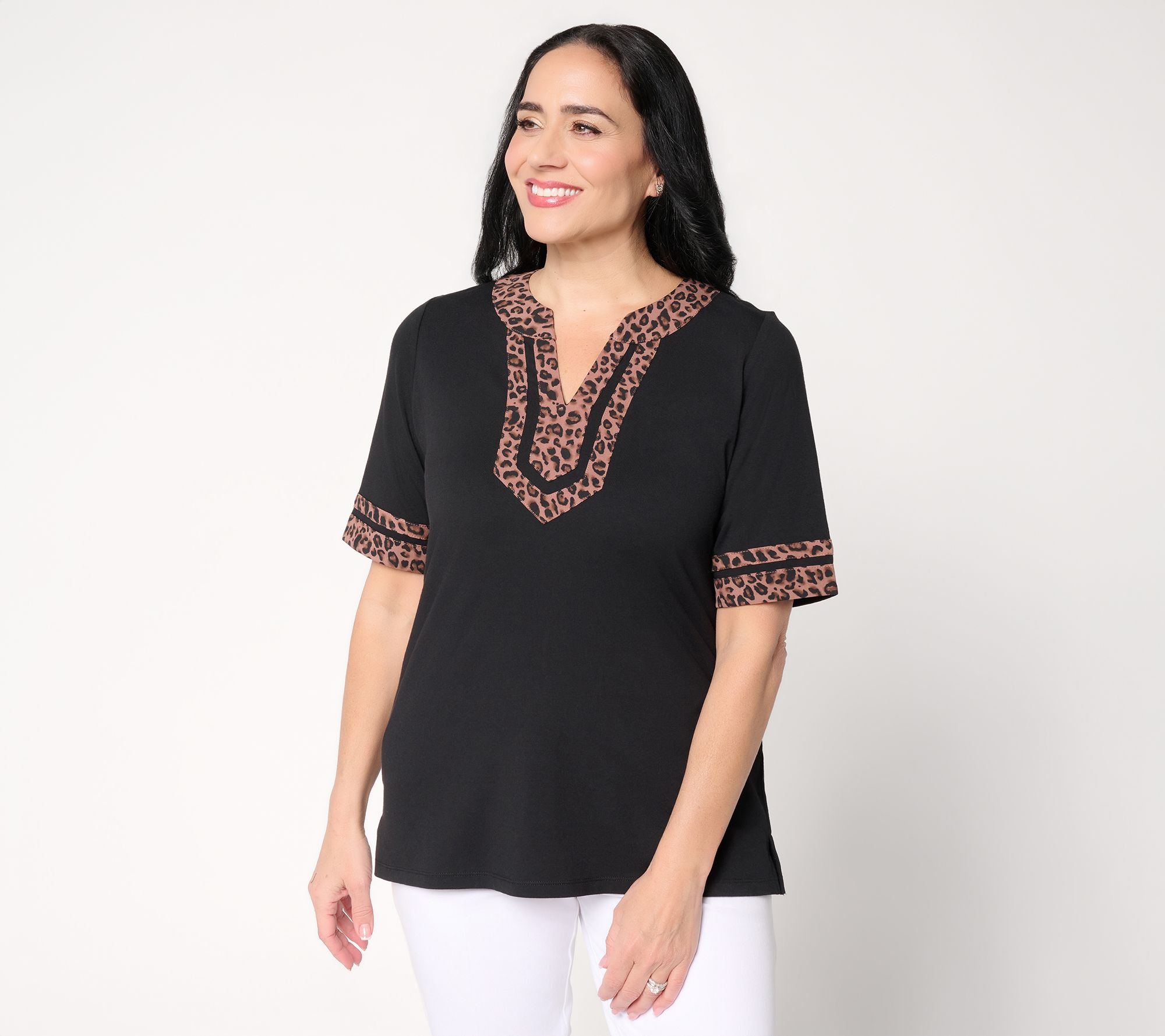 Belle by Kim Gravel Triple Luxe Lady Leopard Split Neck Top