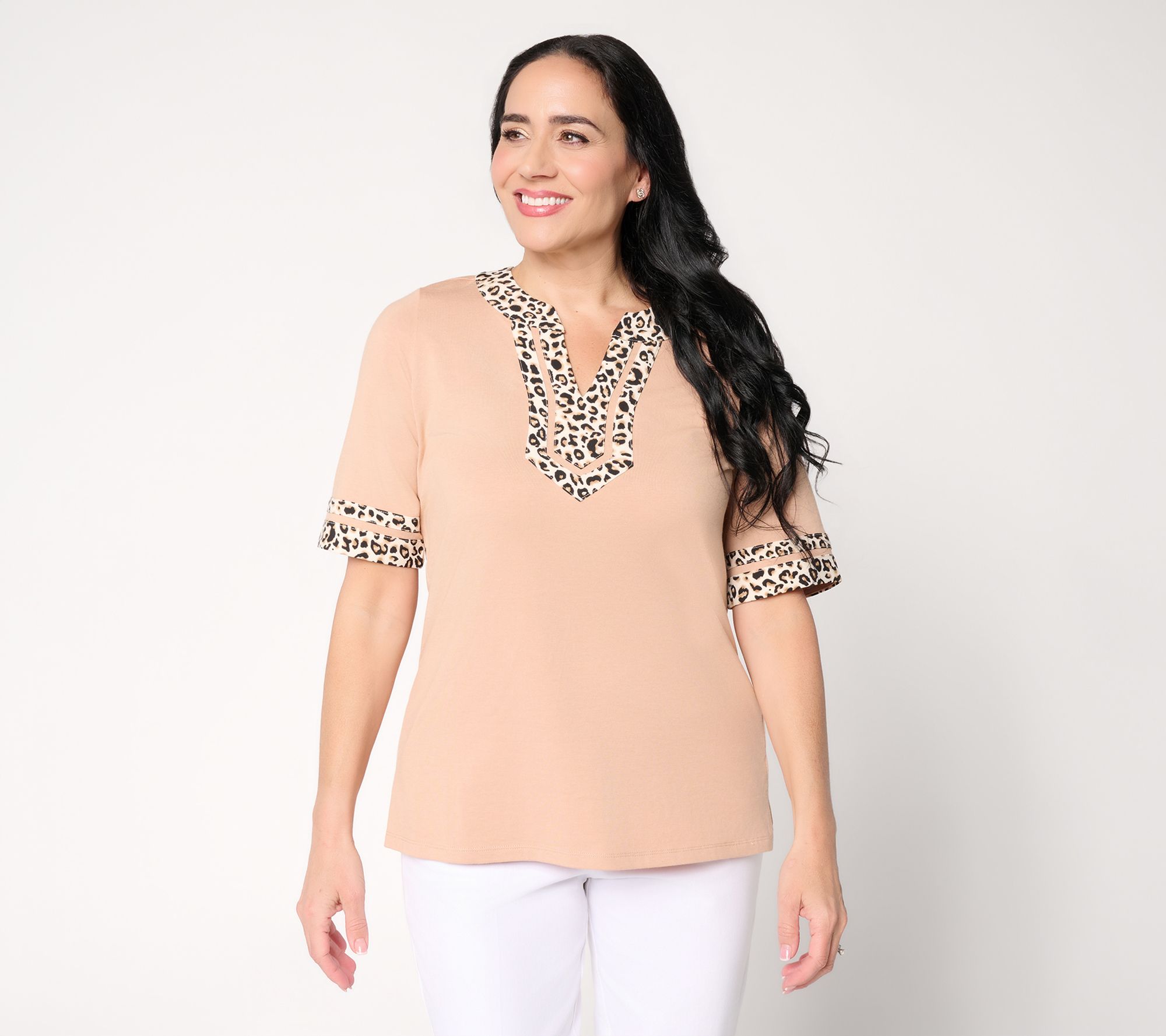Belle by Kim Gravel TripleLuxe Lady Leopard Split Neck Top