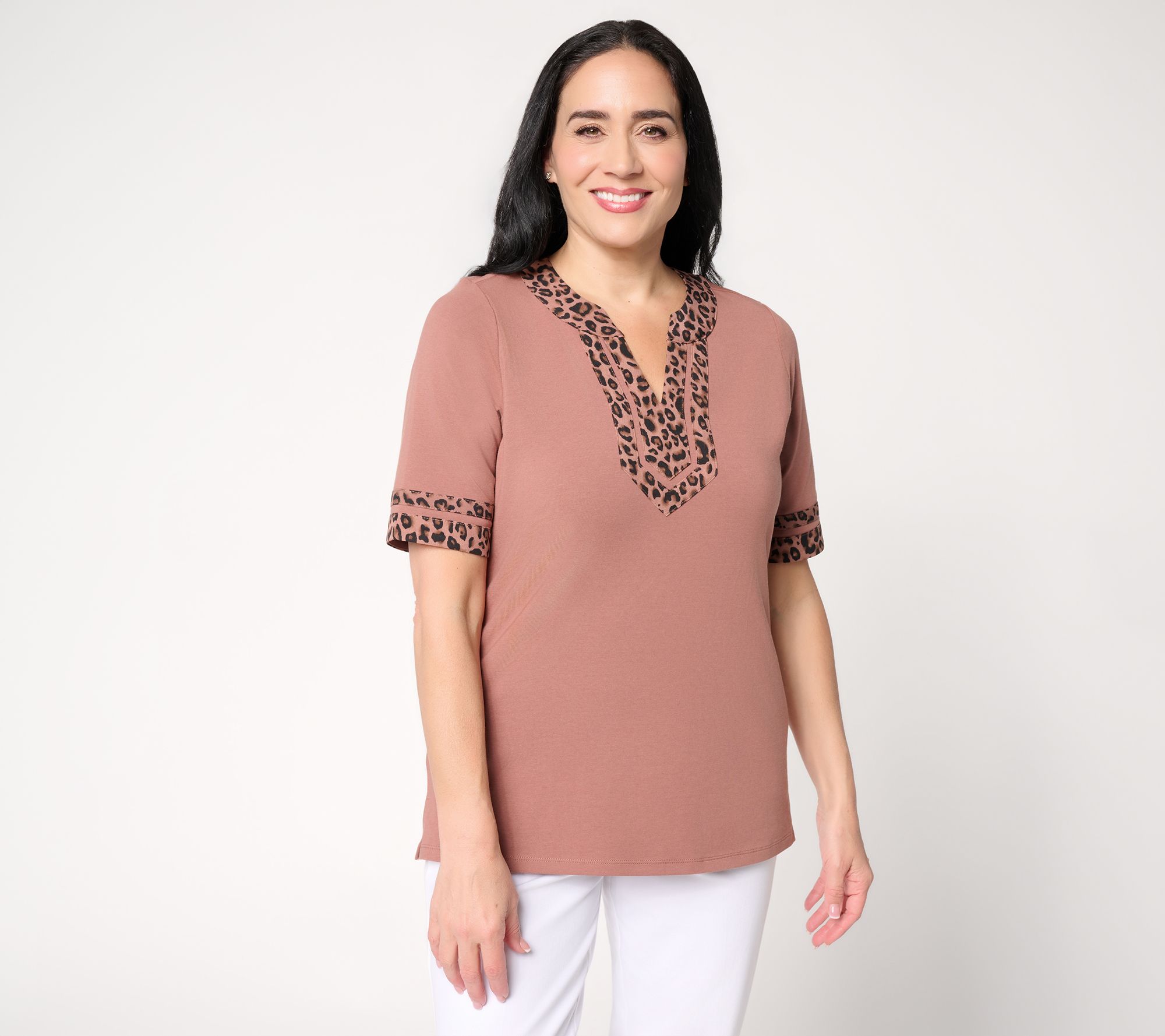 Belle by Kim Gravel Triple Luxe Lady Leopard Split Neck Top