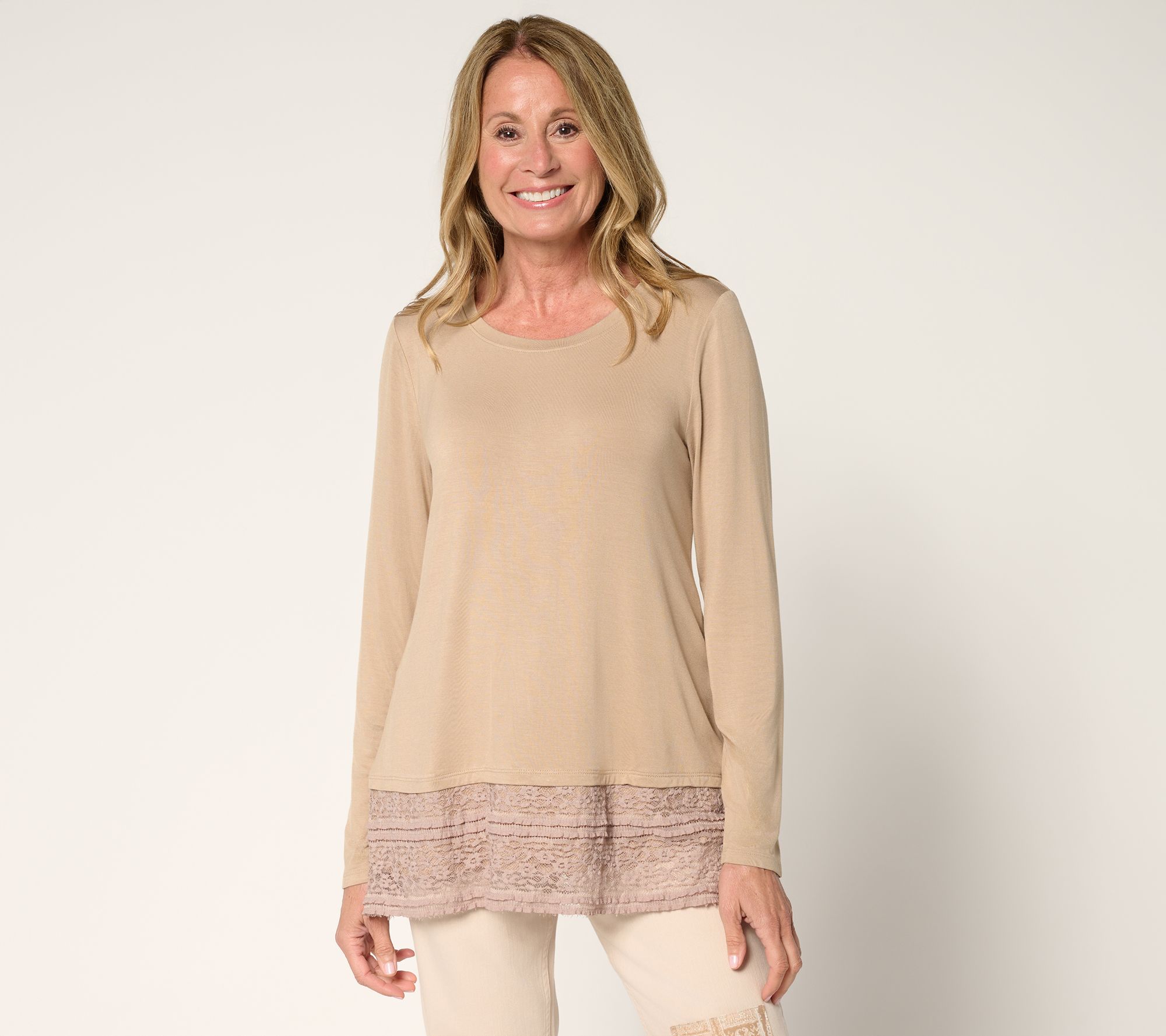"As Is" LOGO by Lori Goldstein Petite Long Sleeve Top with Lace Hem
