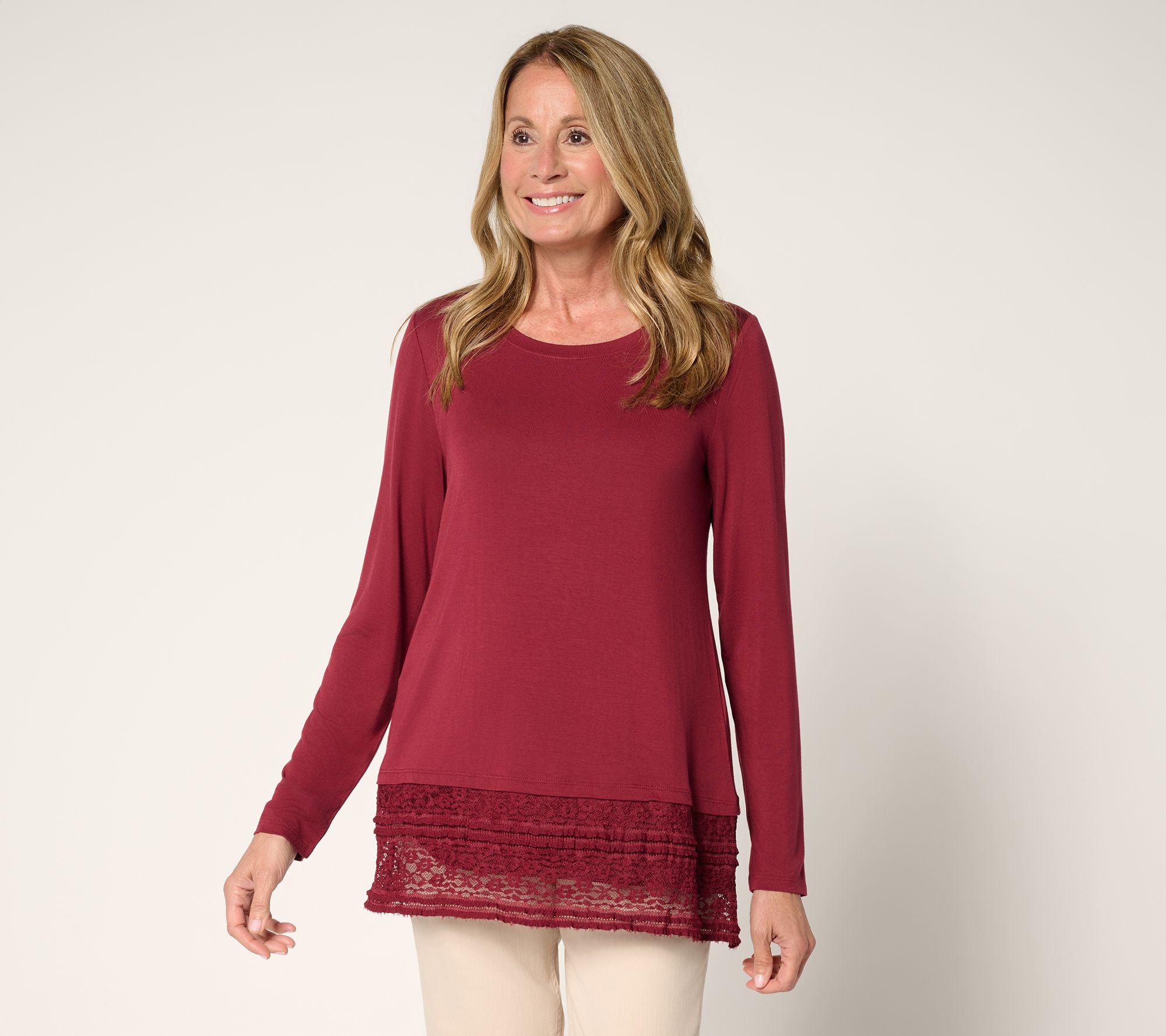 "As Is" LOGO by Lori Goldstein Petite Long Sleeve Top with Lace Hem