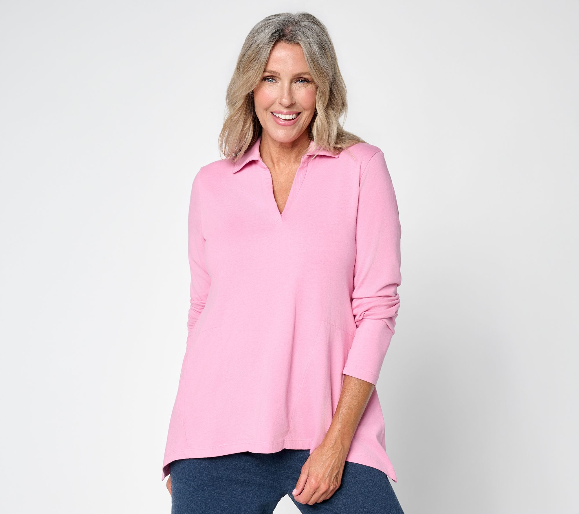  LOGO by Lori Goldstein Cotton Knit Polo Shirt with Sharkbite Hem