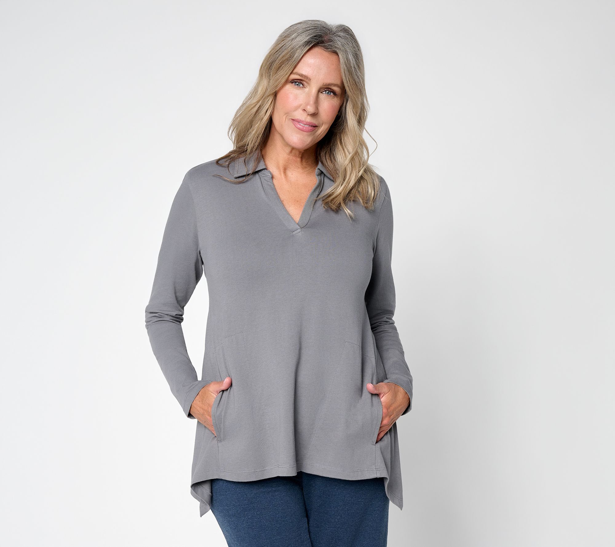 LOGO by Lori Goldstein Cotton Knit Polo Shirt with Sharkbite Hem