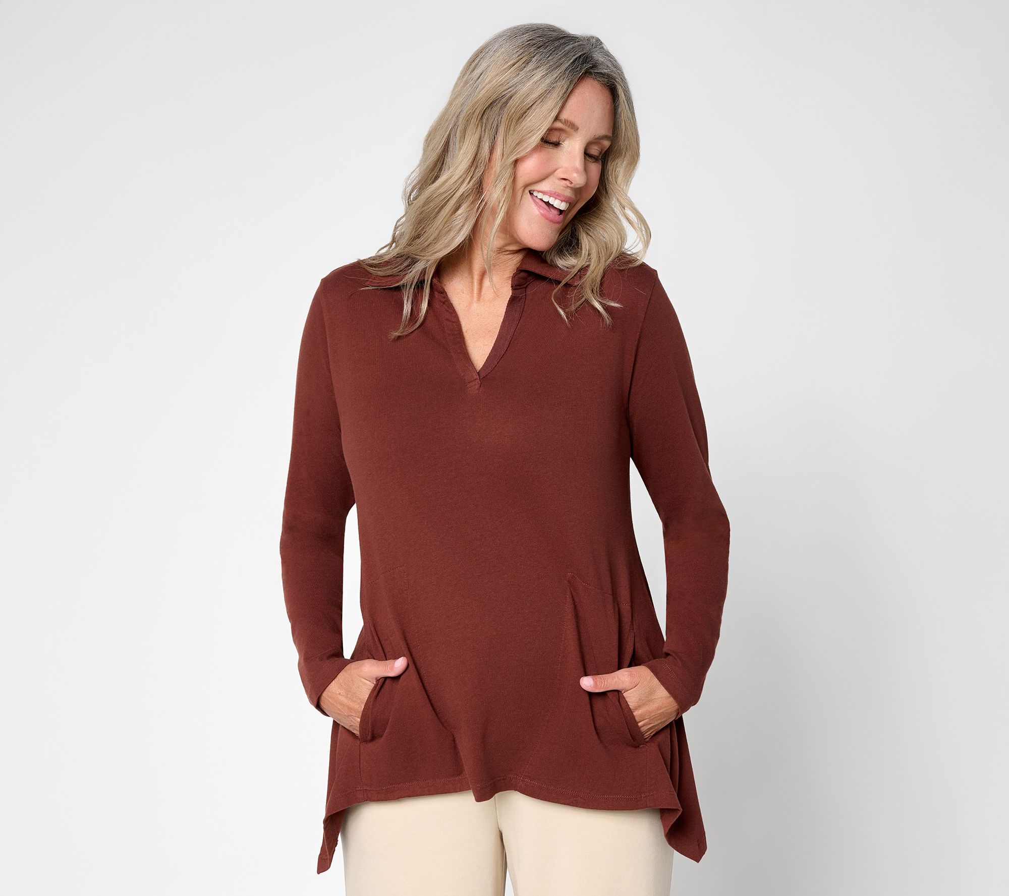 LOGO by Lori Goldstein Cotton Knit Polo Shirt with Sharkbite Hem