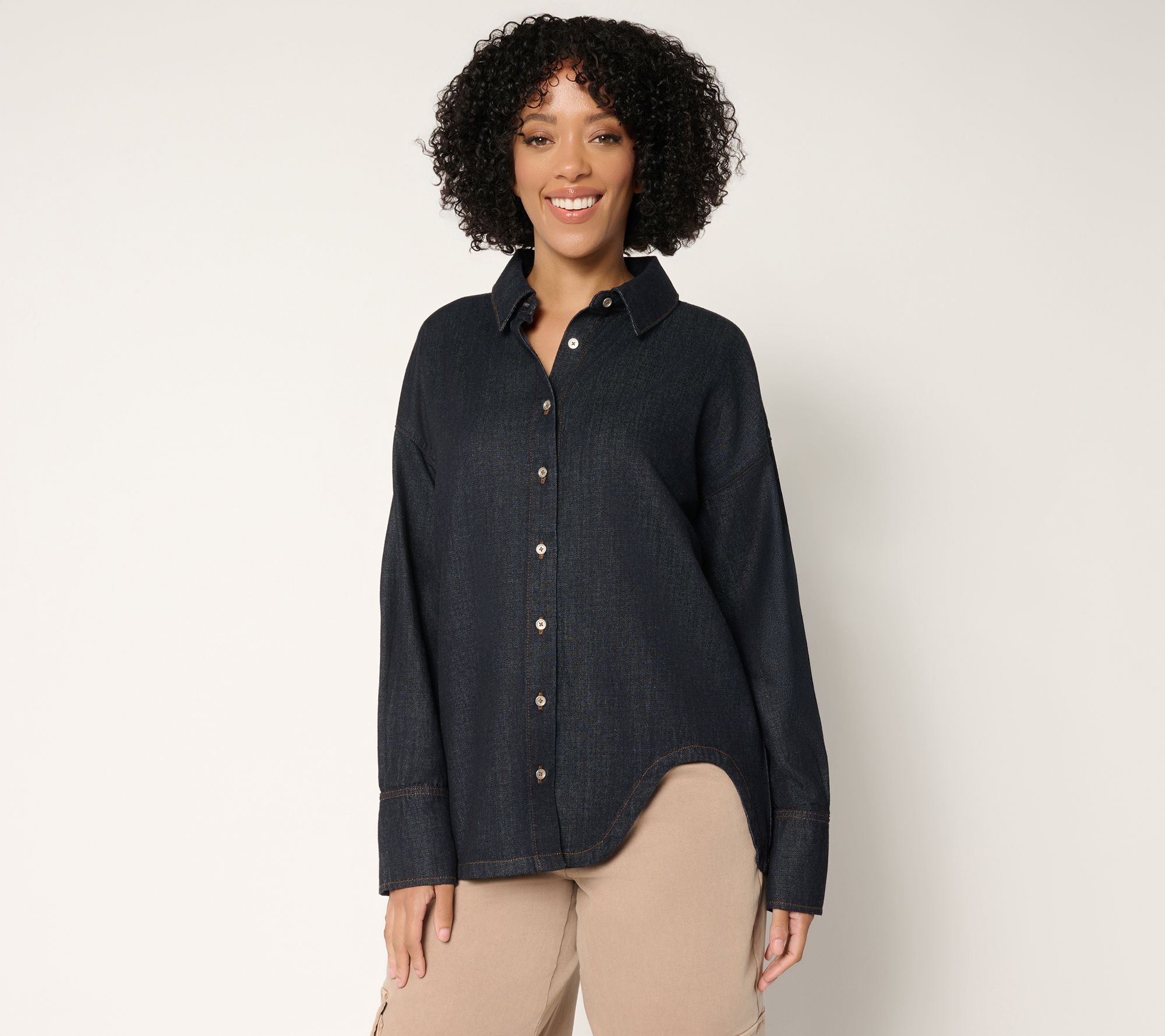 "As Is" Peace Love World Button Front Shirt with Curved Hem