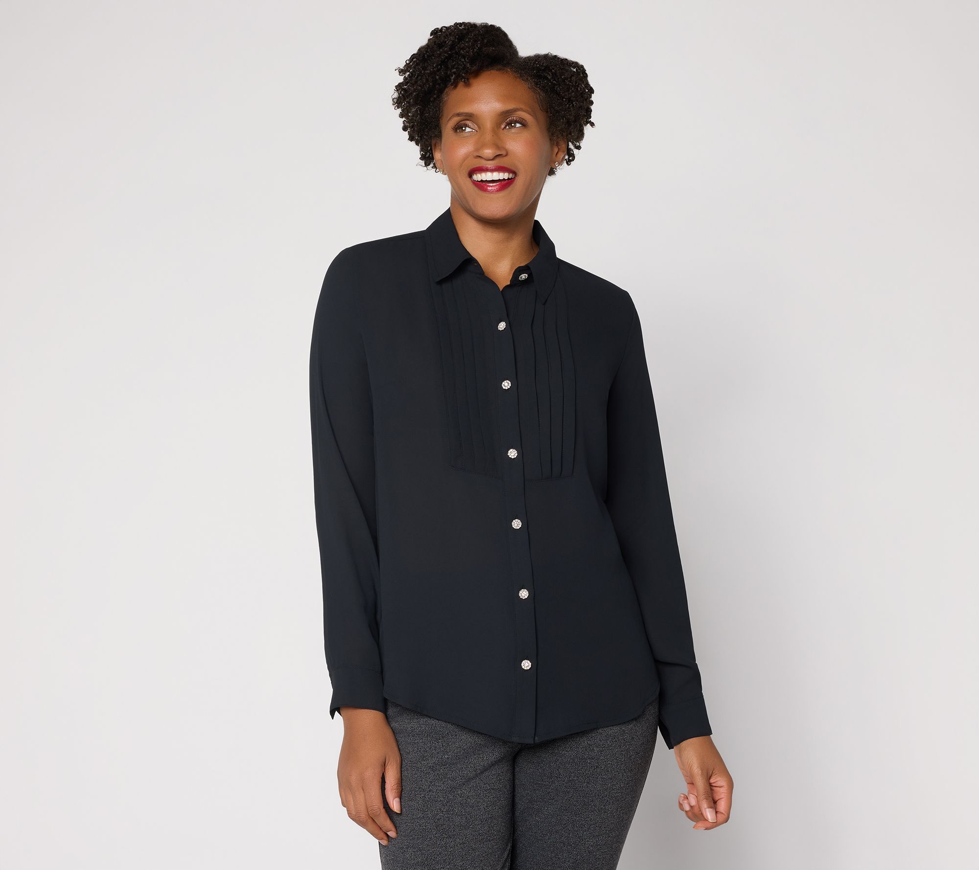 "As Is" Joan Rivers Pintuck Long Sleeve Blouse with Sparkle Buttons