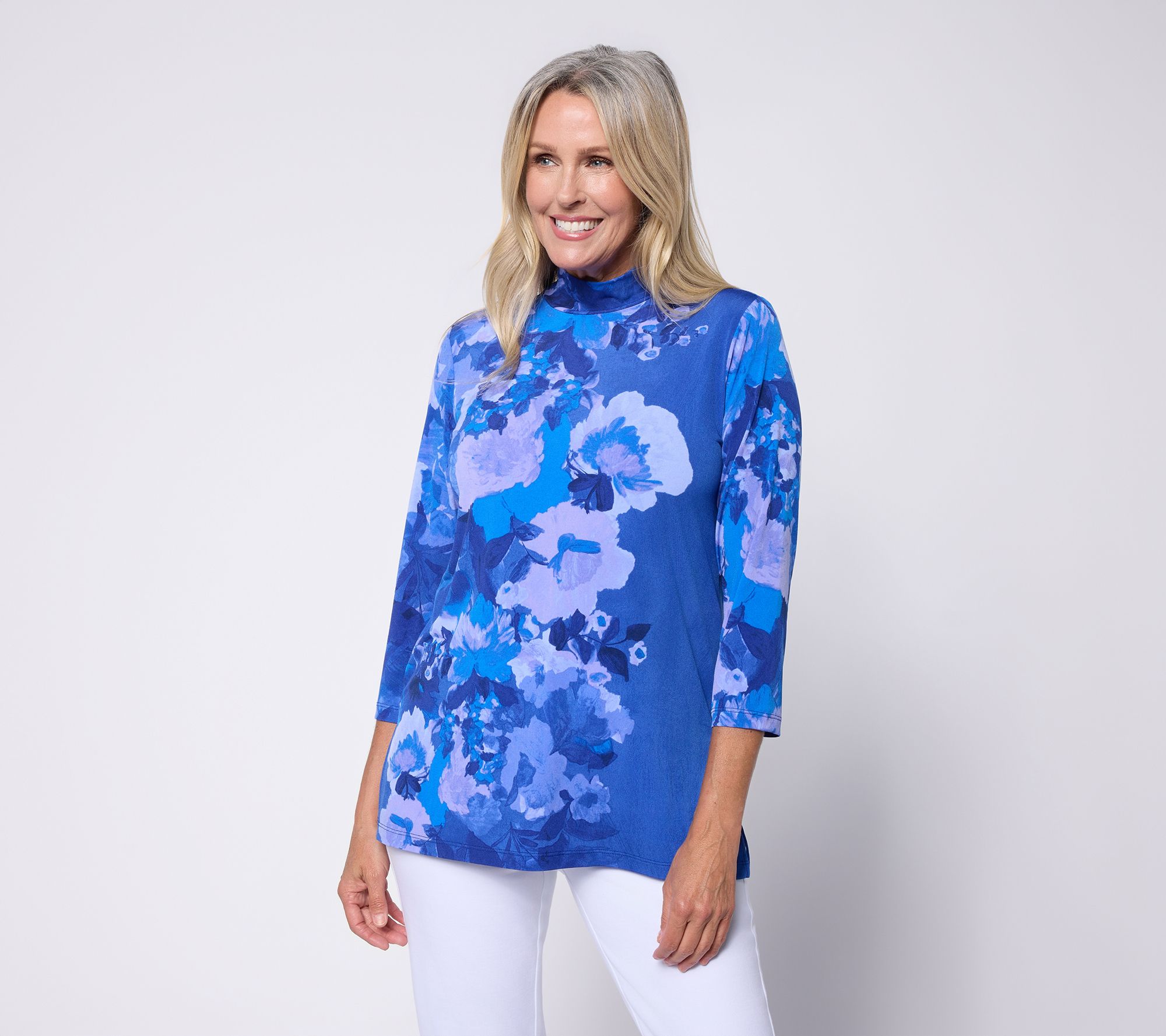 Susan Graver Petite Printed Liquid Knit Mock-Neck Tunic