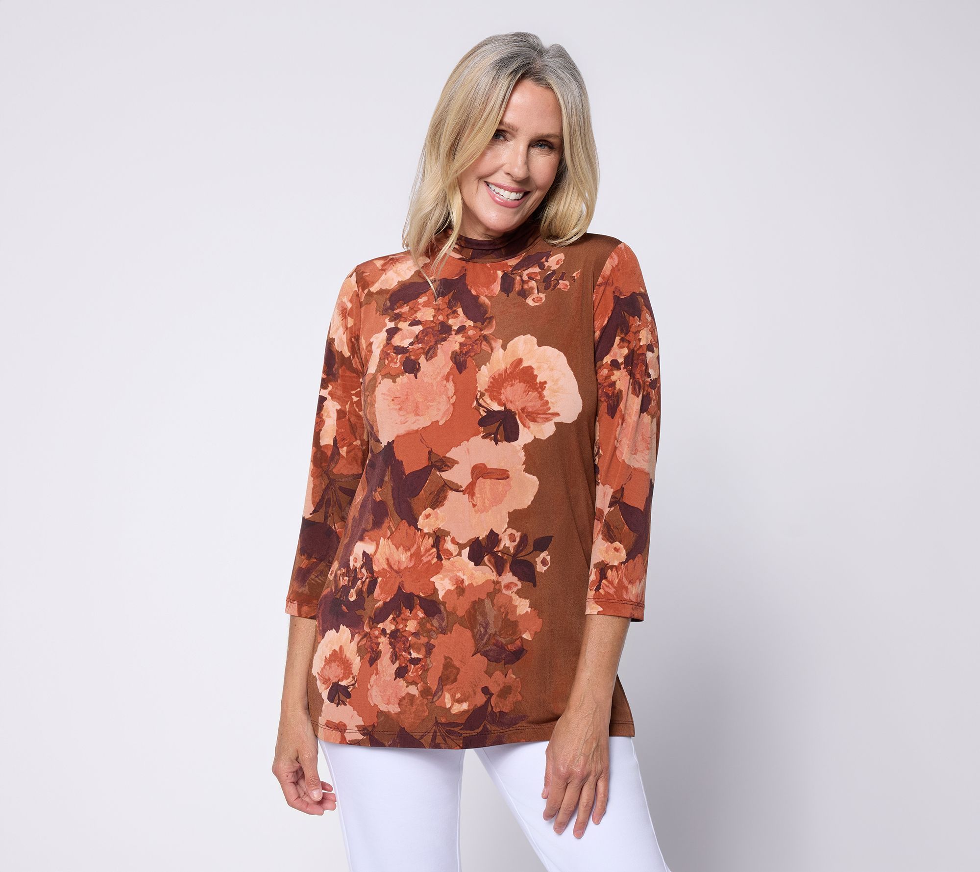 Susan Graver Petite Printed Liquid Knit Mock-Neck Tunic