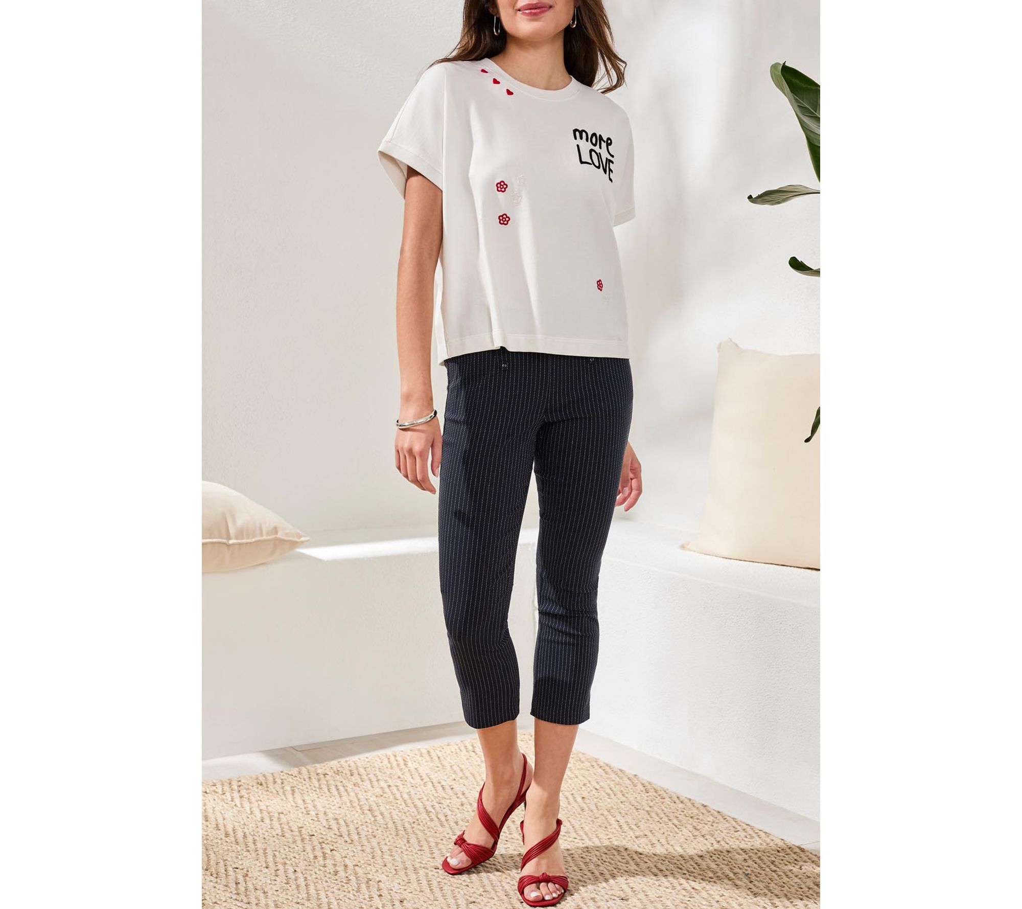 Tribal Crewneck Cap Sleeve Top With EmbroideredDetail