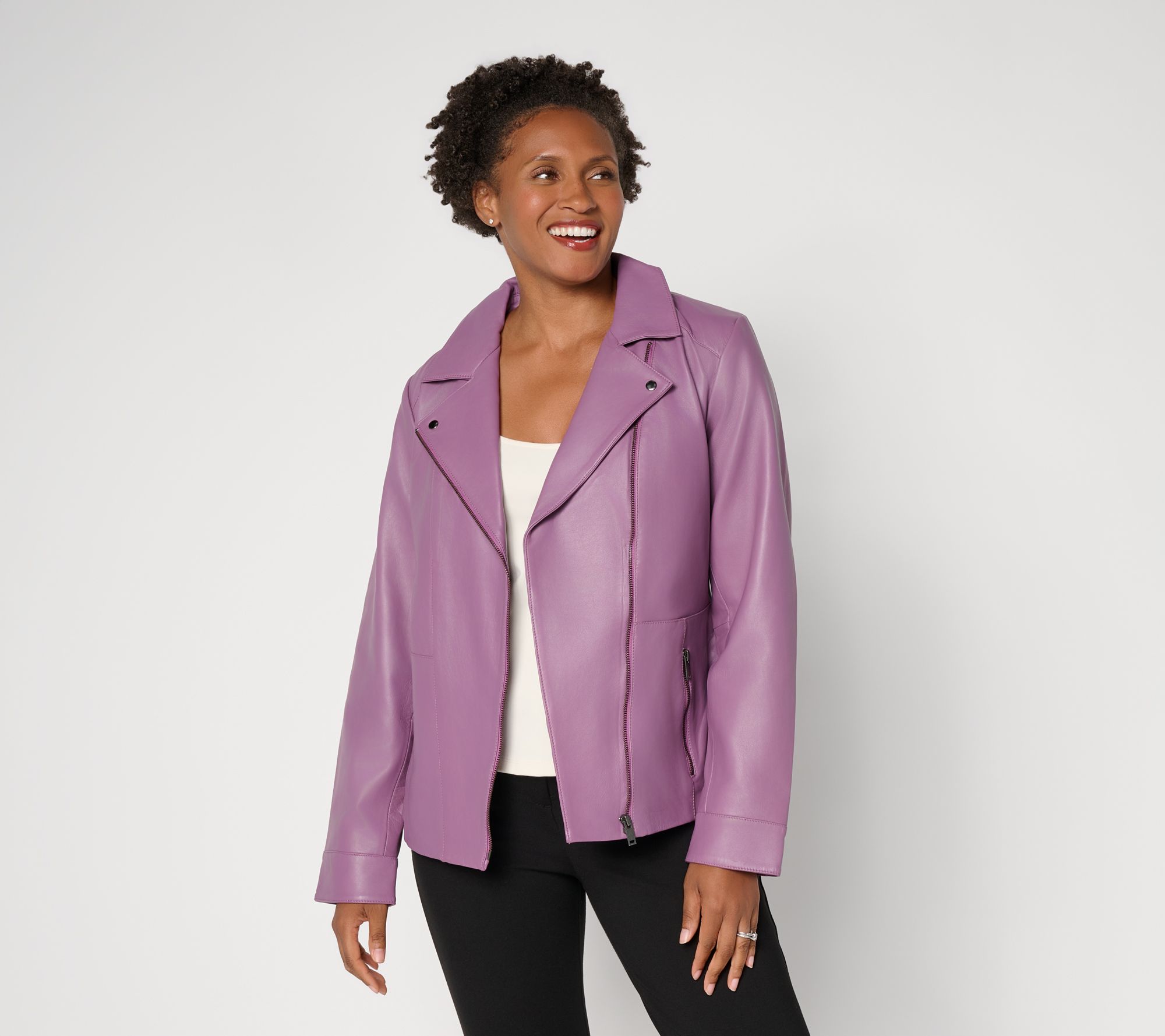 Denim & Co. Petite Lamb Leather Moto Jacket with Pockets