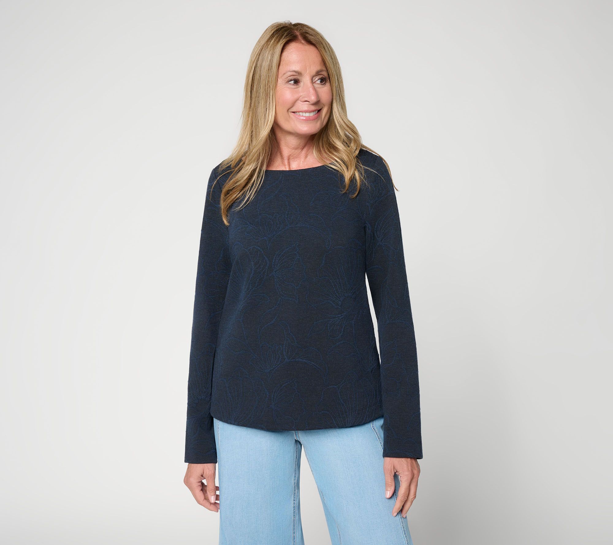  Susan Graver Textured Floral Knit Funnel Neck Top