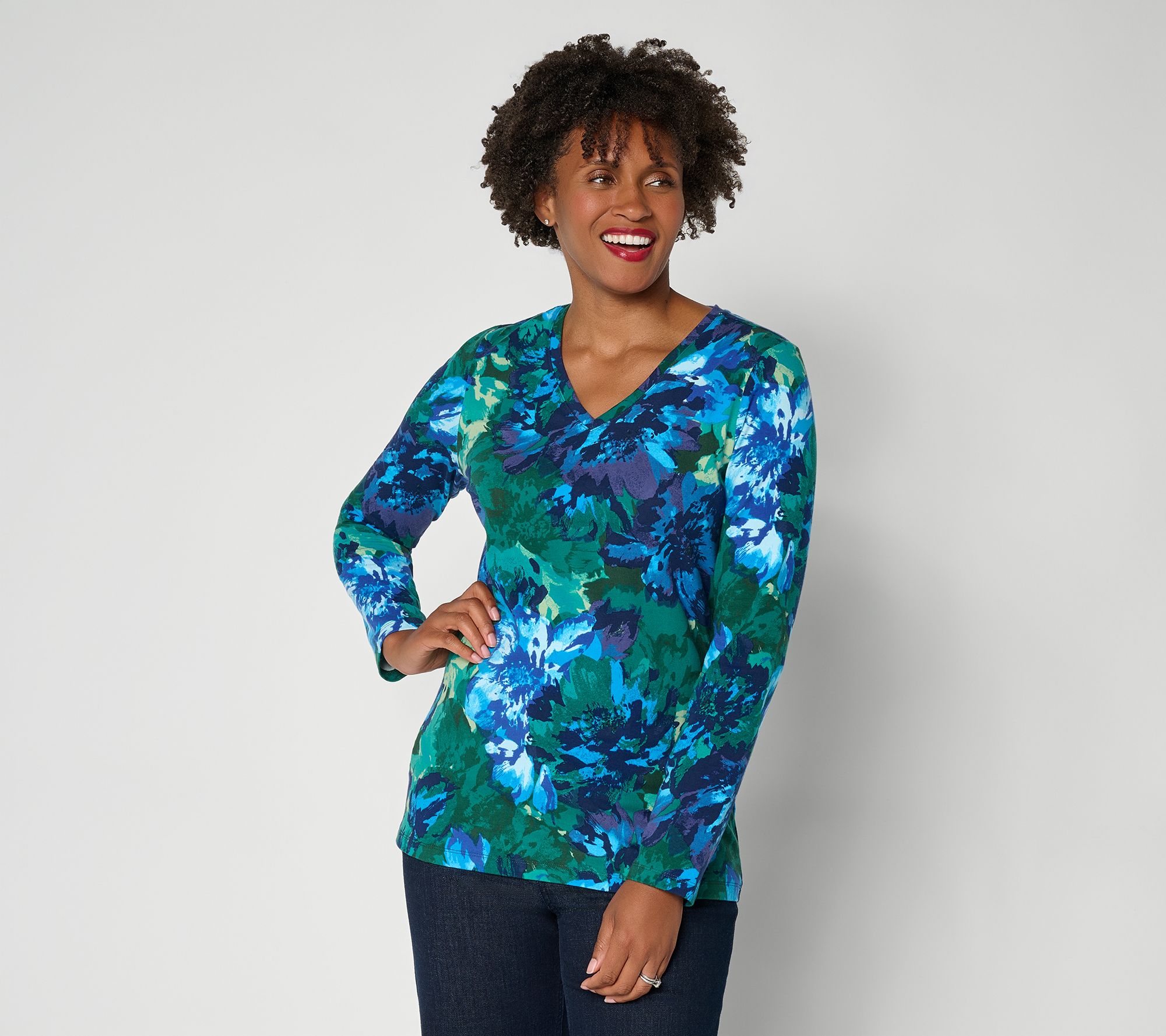  Denim & Co. Perfect Jersey Floral Printed VNeck Long Sleeve Top