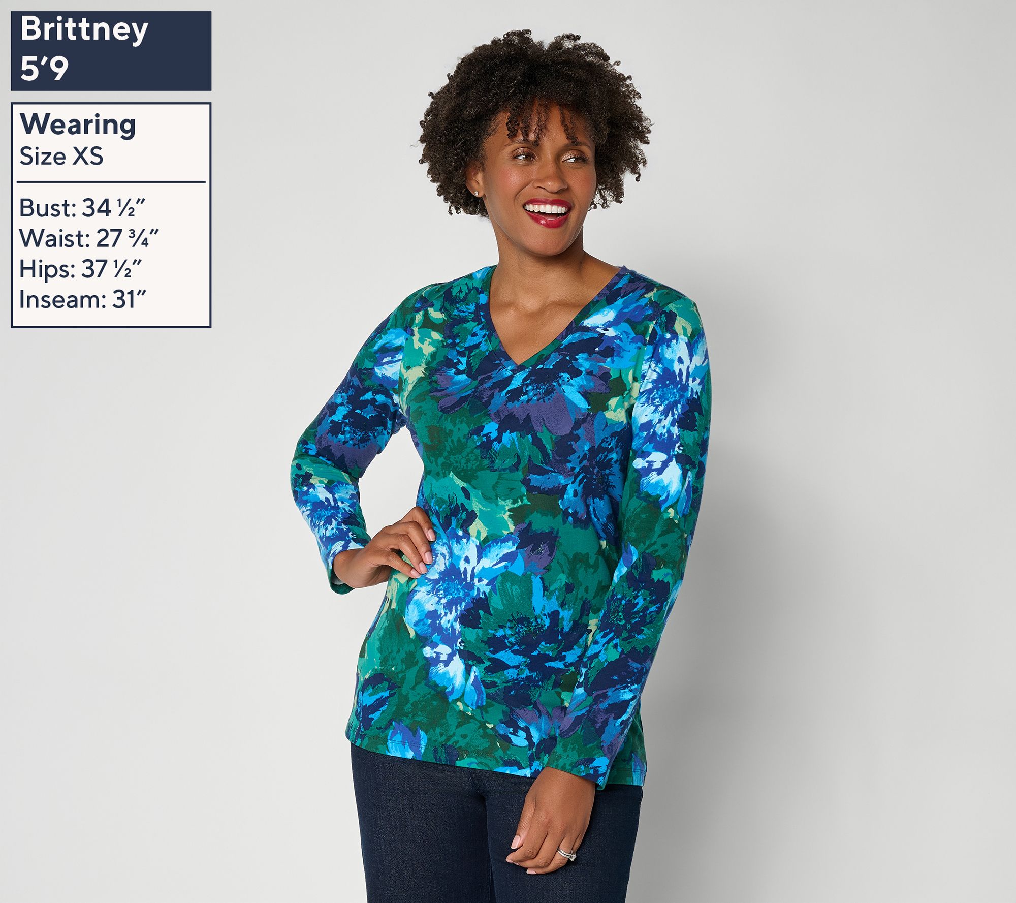Denim & Co. Perfect Jersey Floral Printed VNeck Long Sleeve Top | QVC