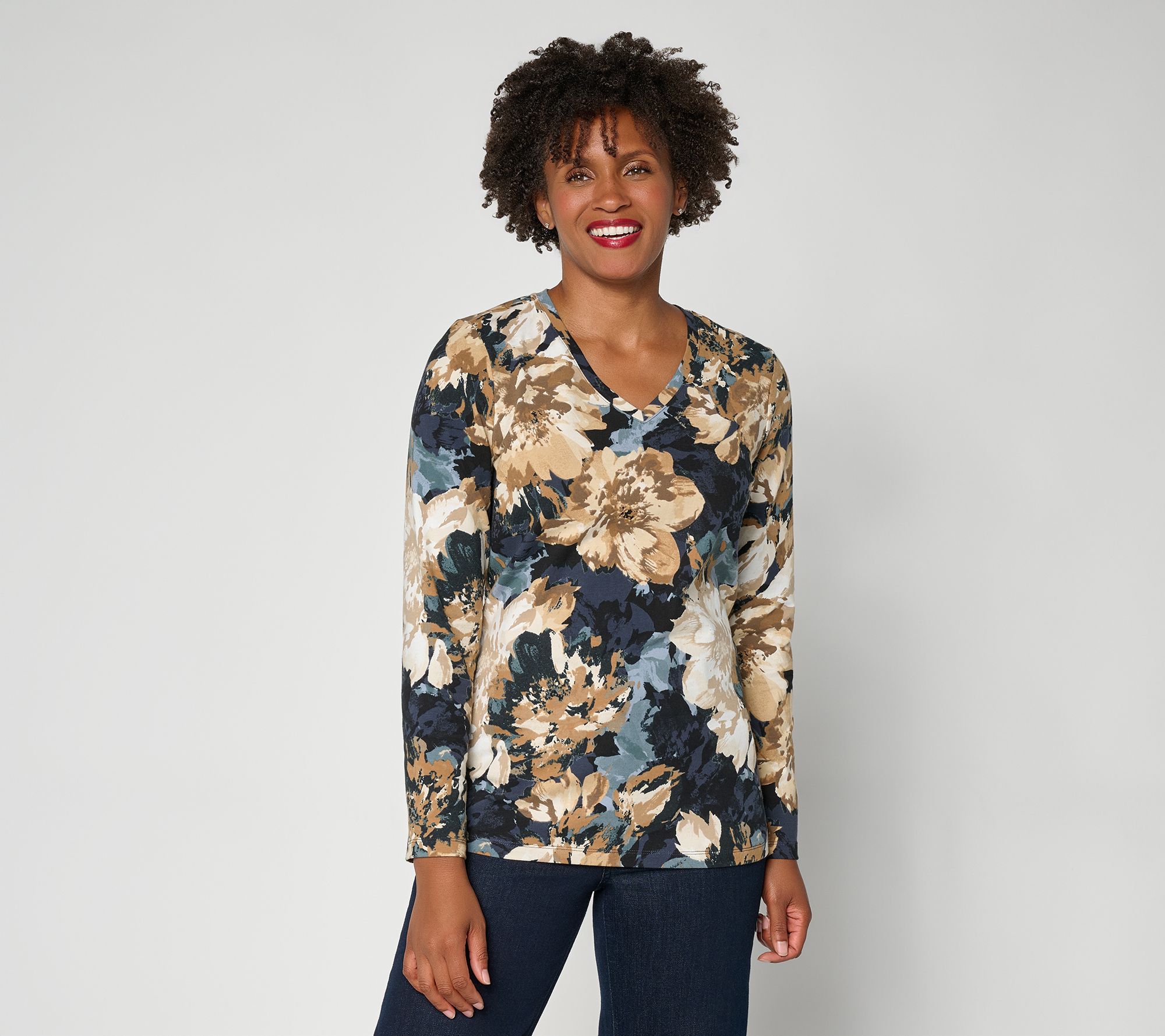 Denim & Co. Perfect Jersey Floral Printed VNeck Long Sleeve Top