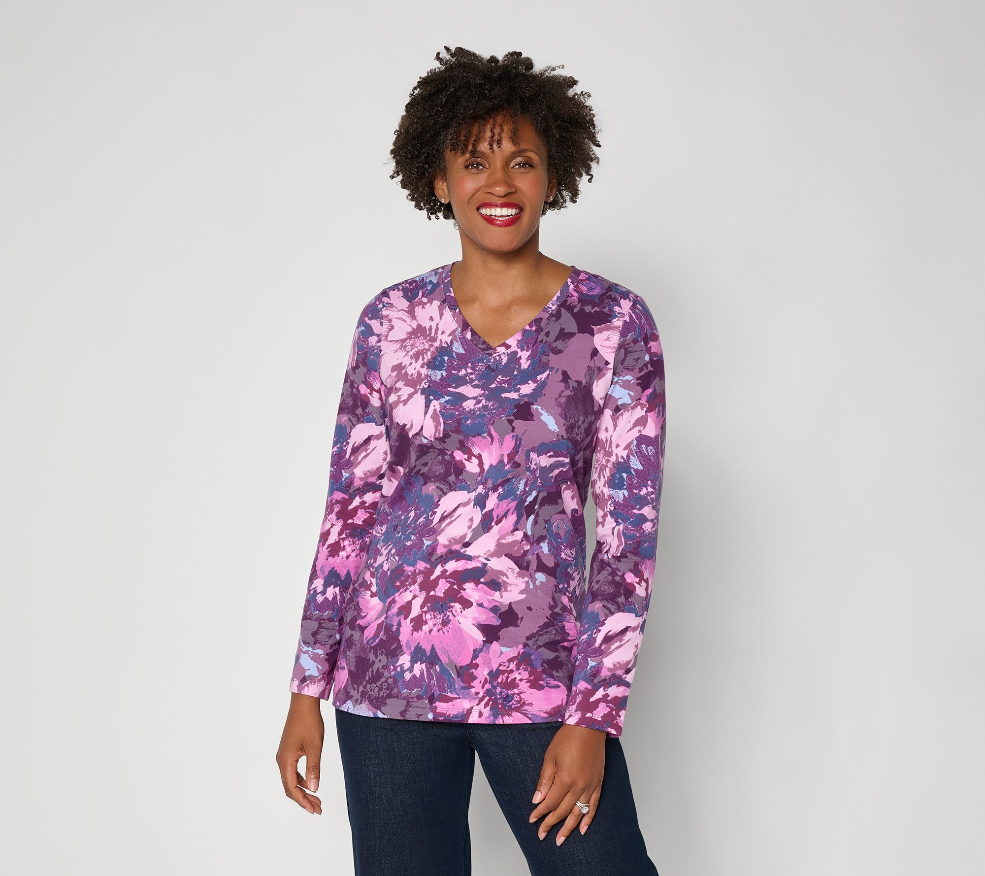 Denim & Co. Perfect Jersey Floral Printed VNeck Long Sleeve Top
