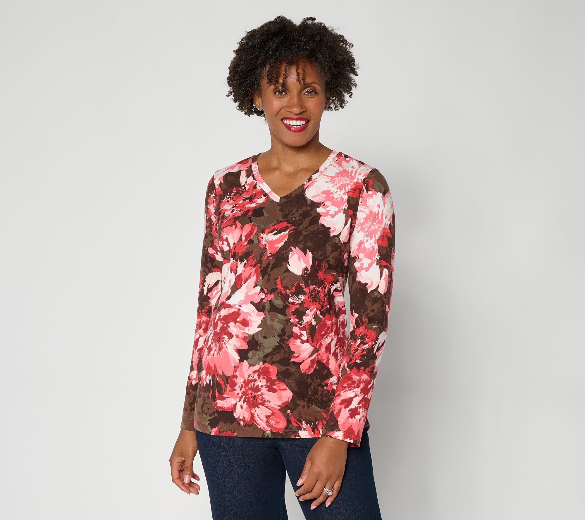 Denim & Co. Perfect Jersey Floral Printed VNeck Long Sleeve Top