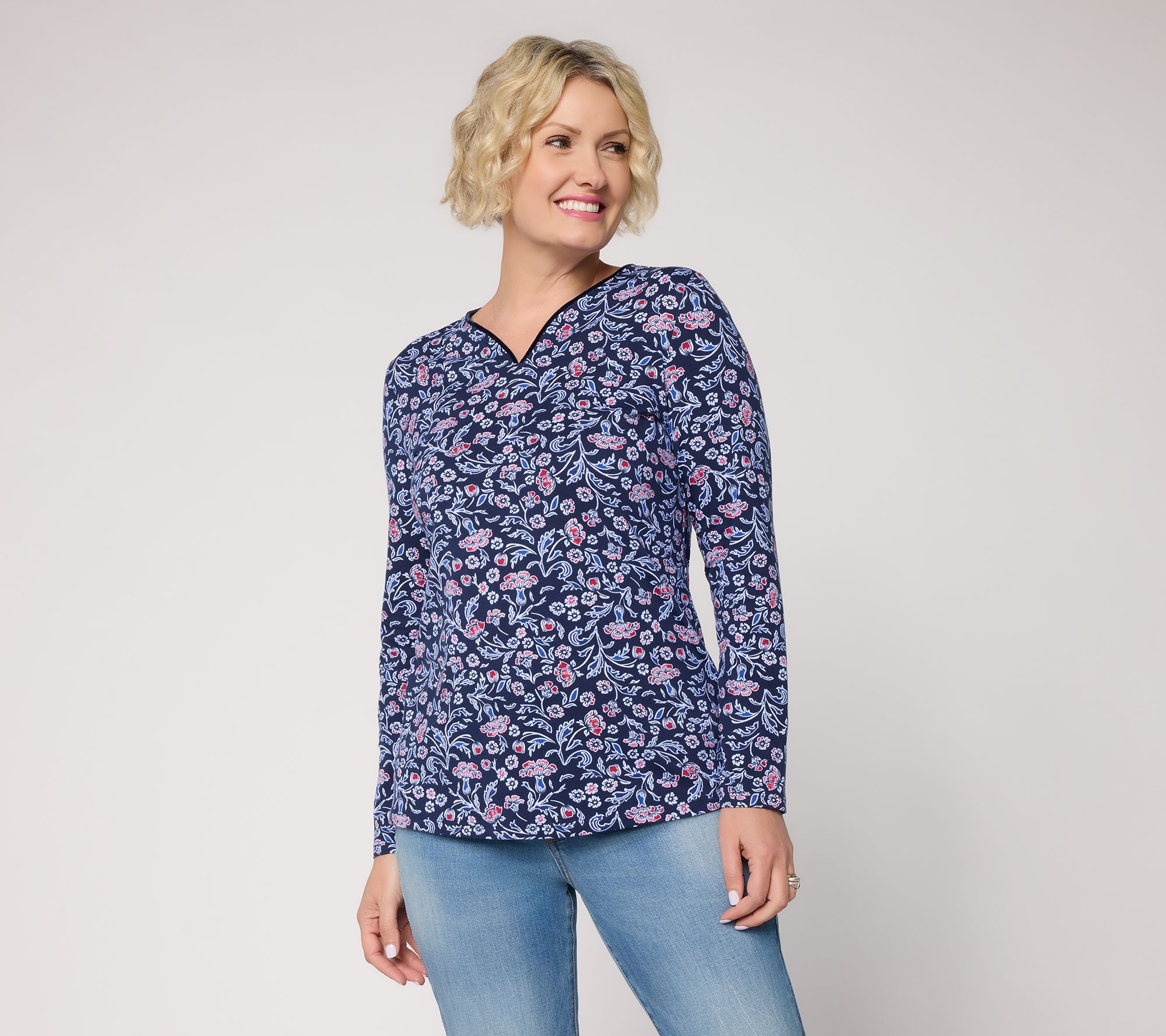 Denim & Co. Favorite Jersey Notch Neck Top with Velvet Trim