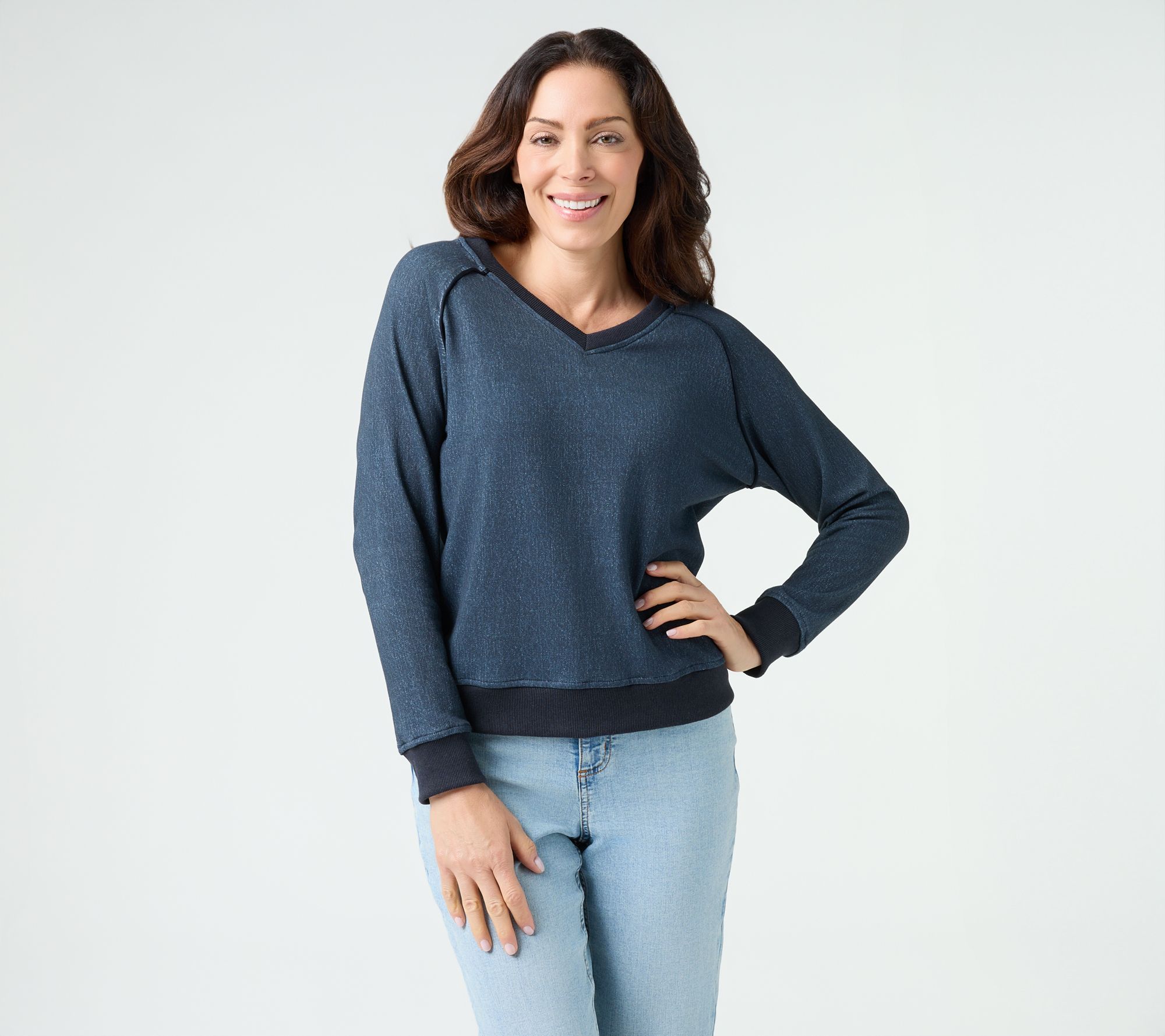 AnyBody Denim Effect V-Neck Sweatshirt with Contrast Detail