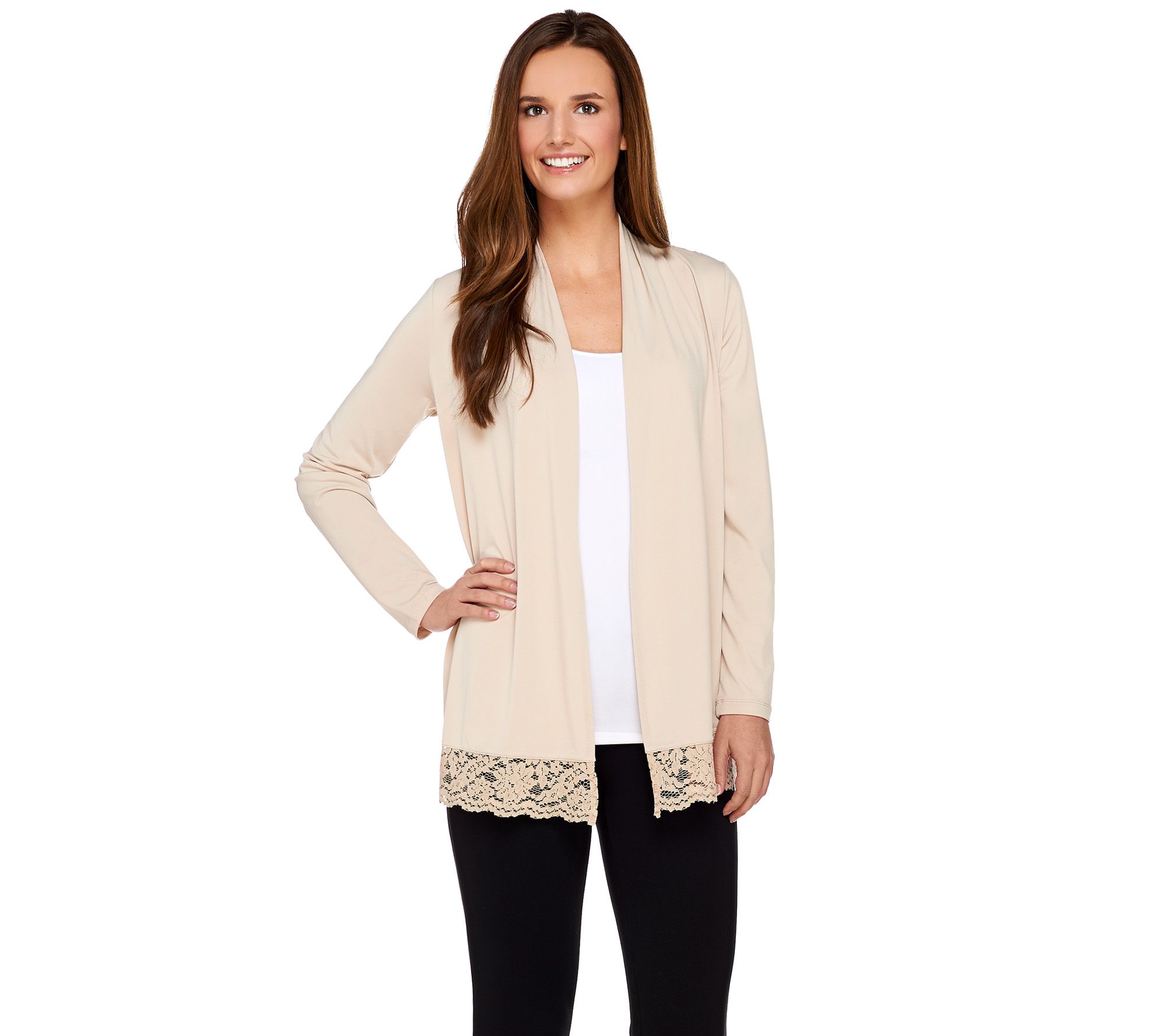 Susan Graver Liquid Knit Long Sleeve Cardigan with Lace Trim - QVC.com